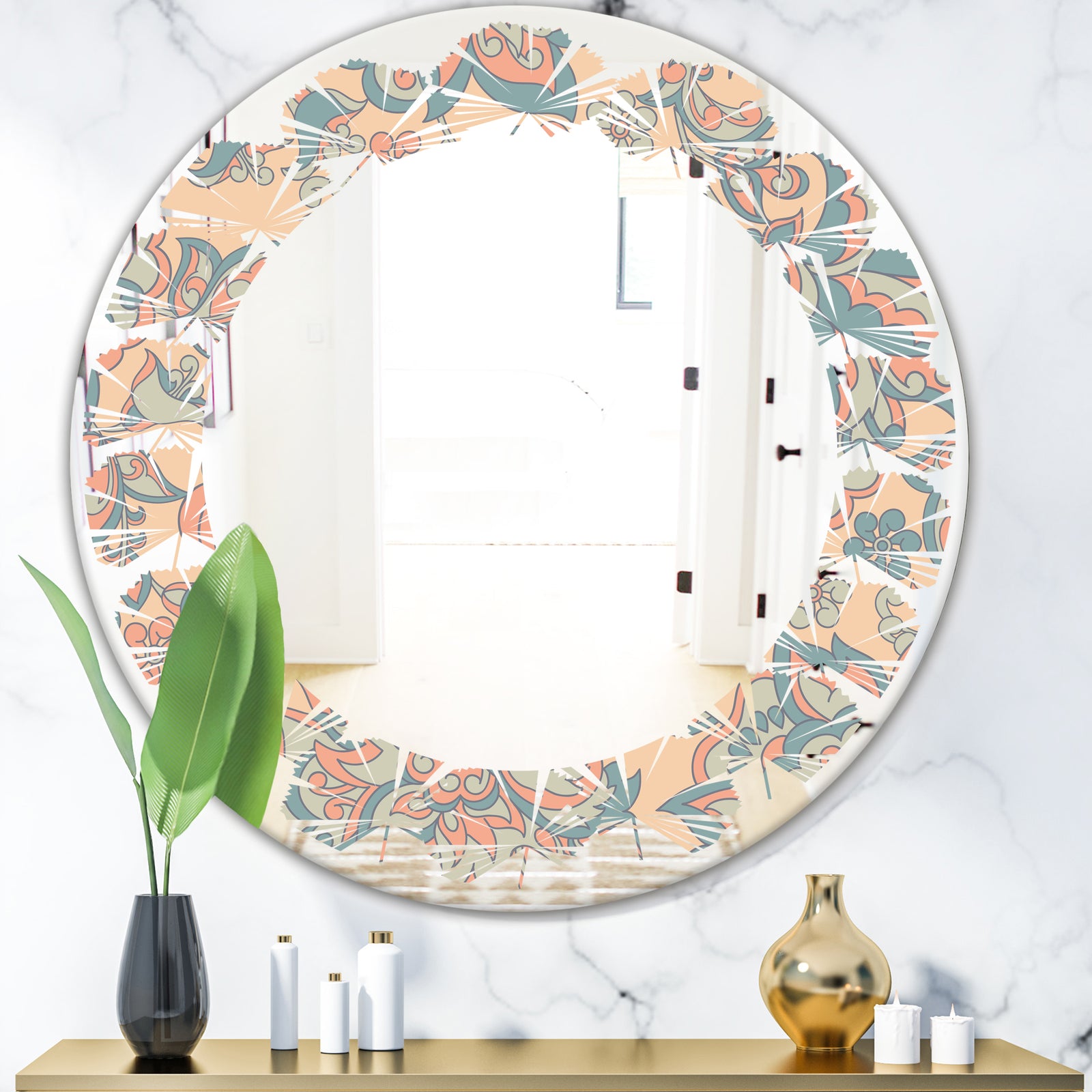 Retro Indian Floral Batik II - Modern Round or Oval Wall Mirror - Leaves