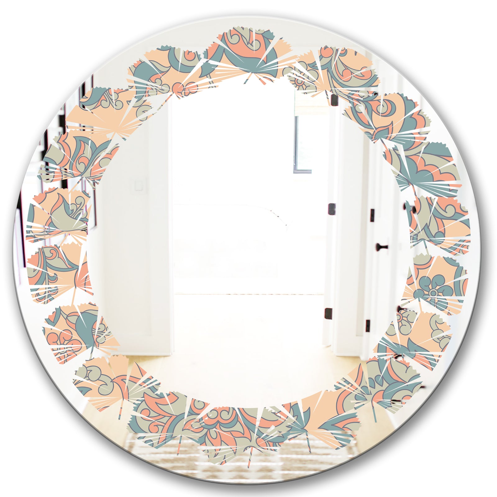 Retro Indian Floral Batik II - Modern Round or Oval Wall Mirror - Leaves