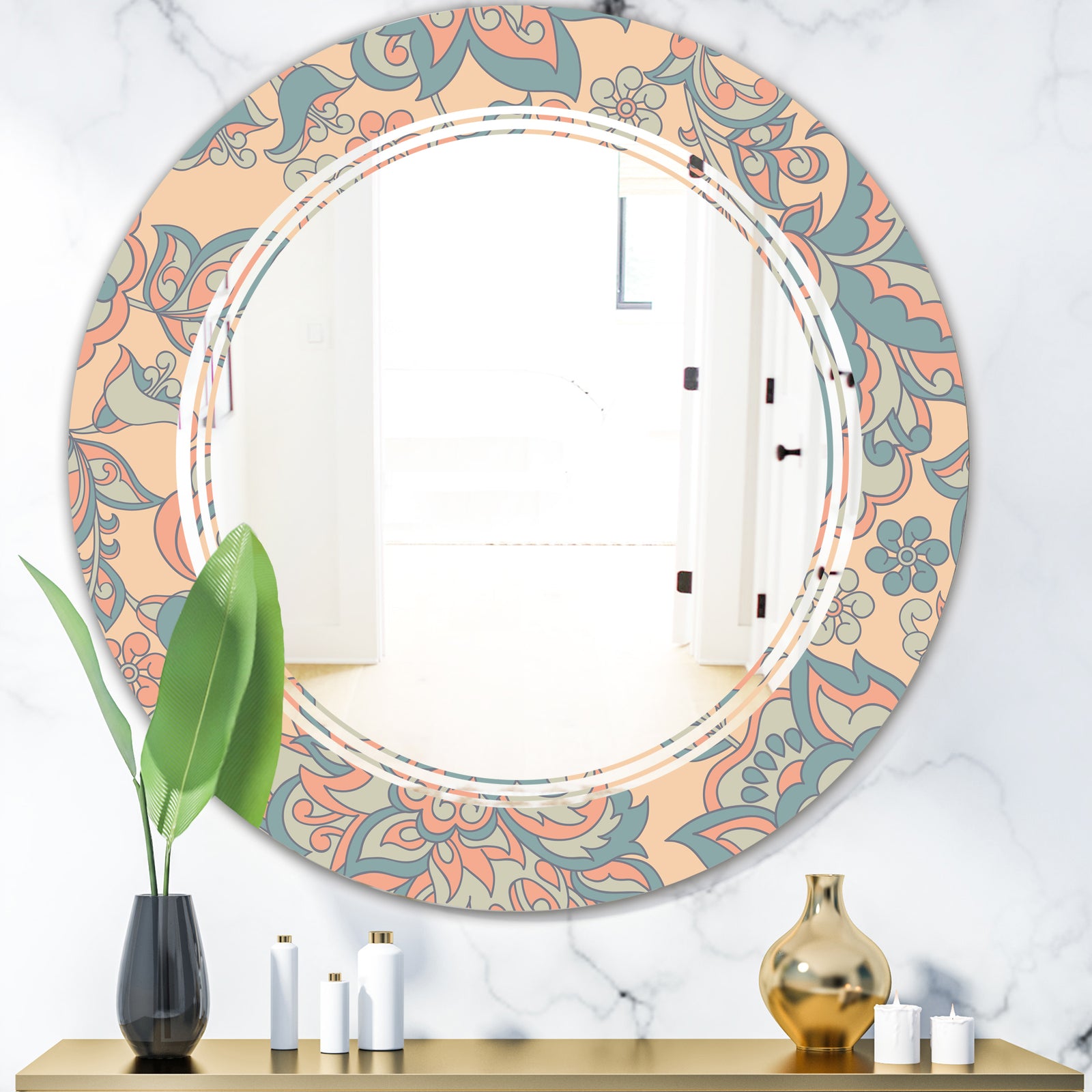 Retro Indian Floral Batik II - Modern Round or Oval Wall Mirror - Triple C