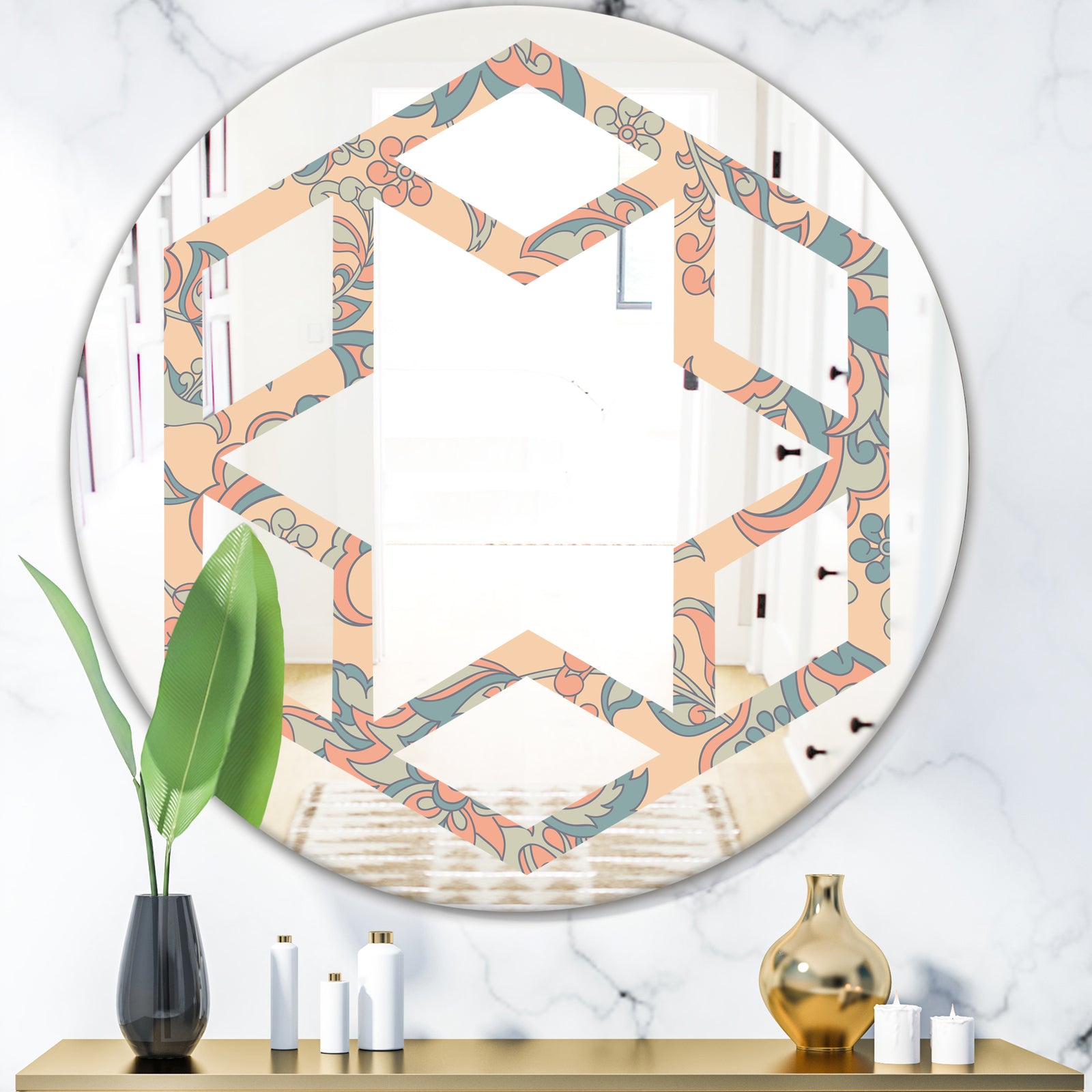 Retro Indian Floral Batik II - Modern Round or Oval Wall Mirror - Hexagon Star