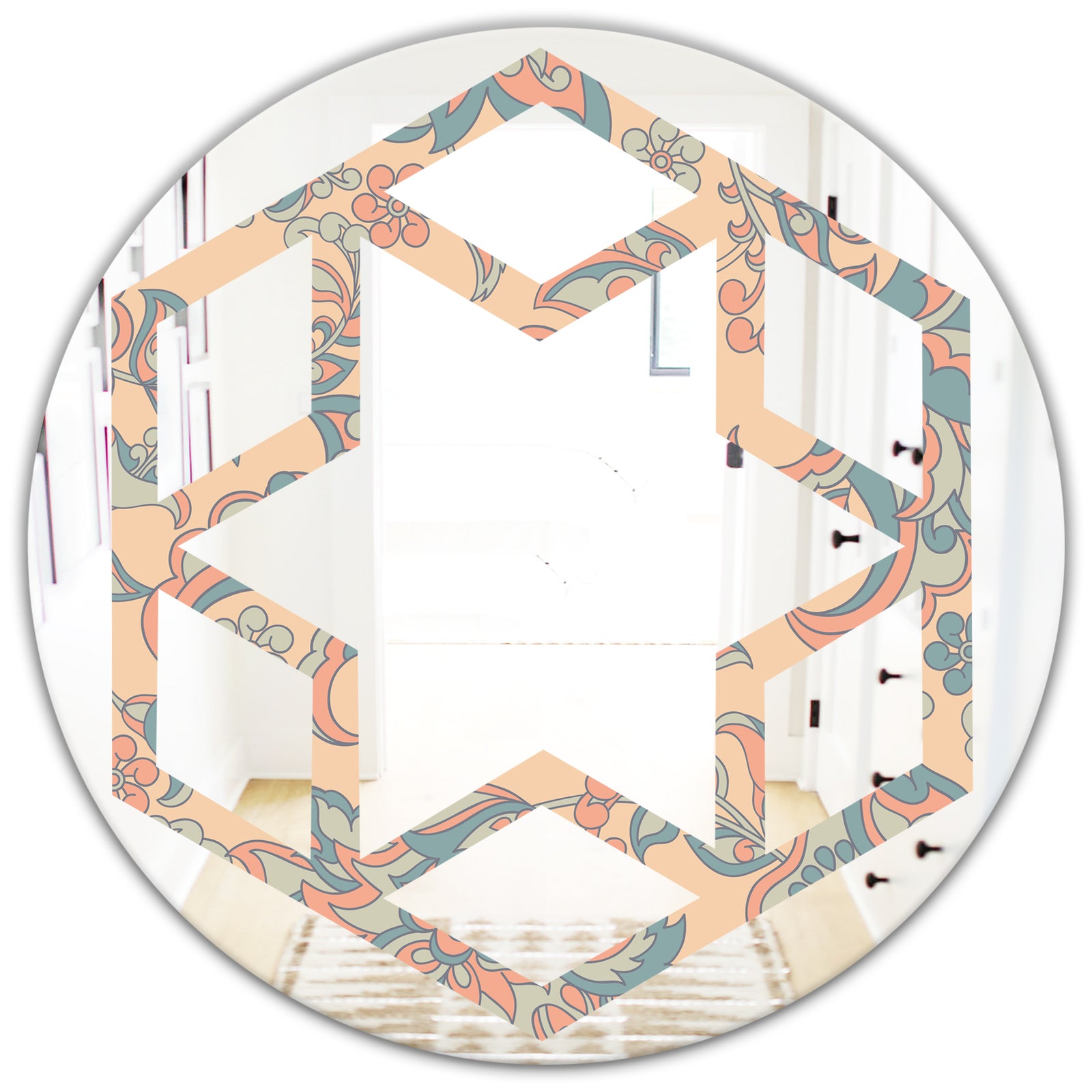 Retro Indian Floral Batik II - Modern Round or Oval Wall Mirror - Hexagon Star