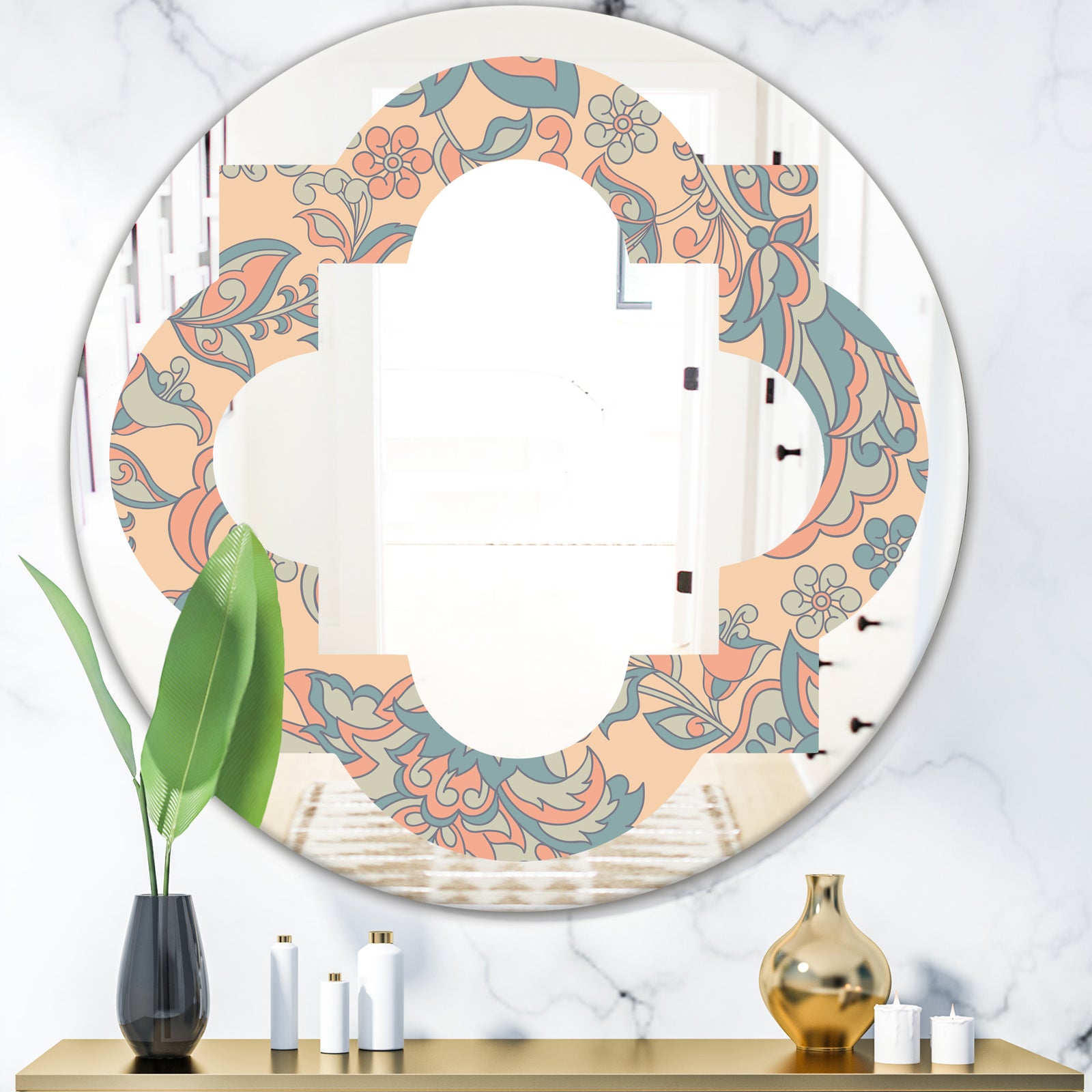 Retro Indian Floral Batik II - Modern Round or Oval Wall Mirror - Quatrefoil