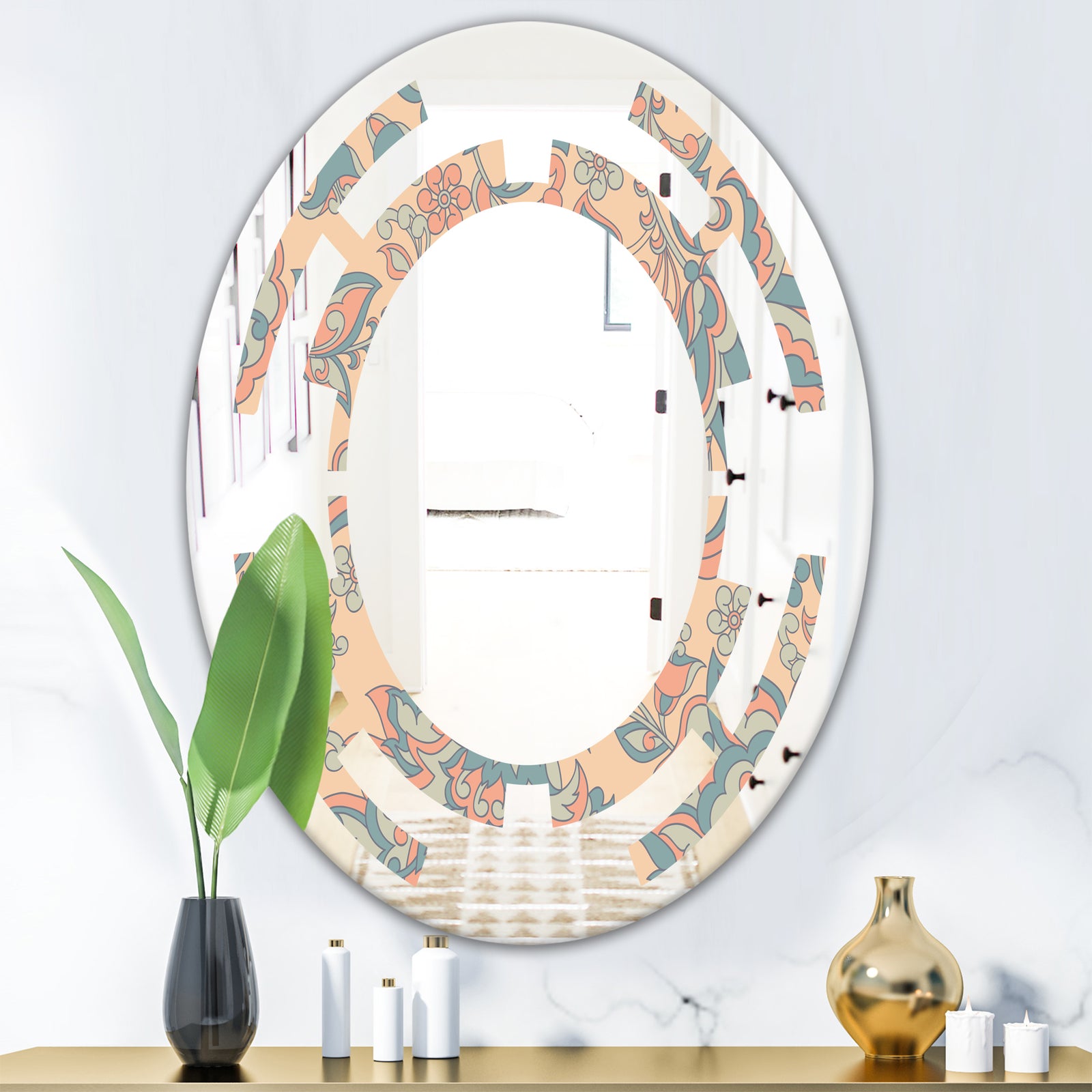 Retro Indian Floral Batik II - Modern Round or Oval Wall Mirror - Space