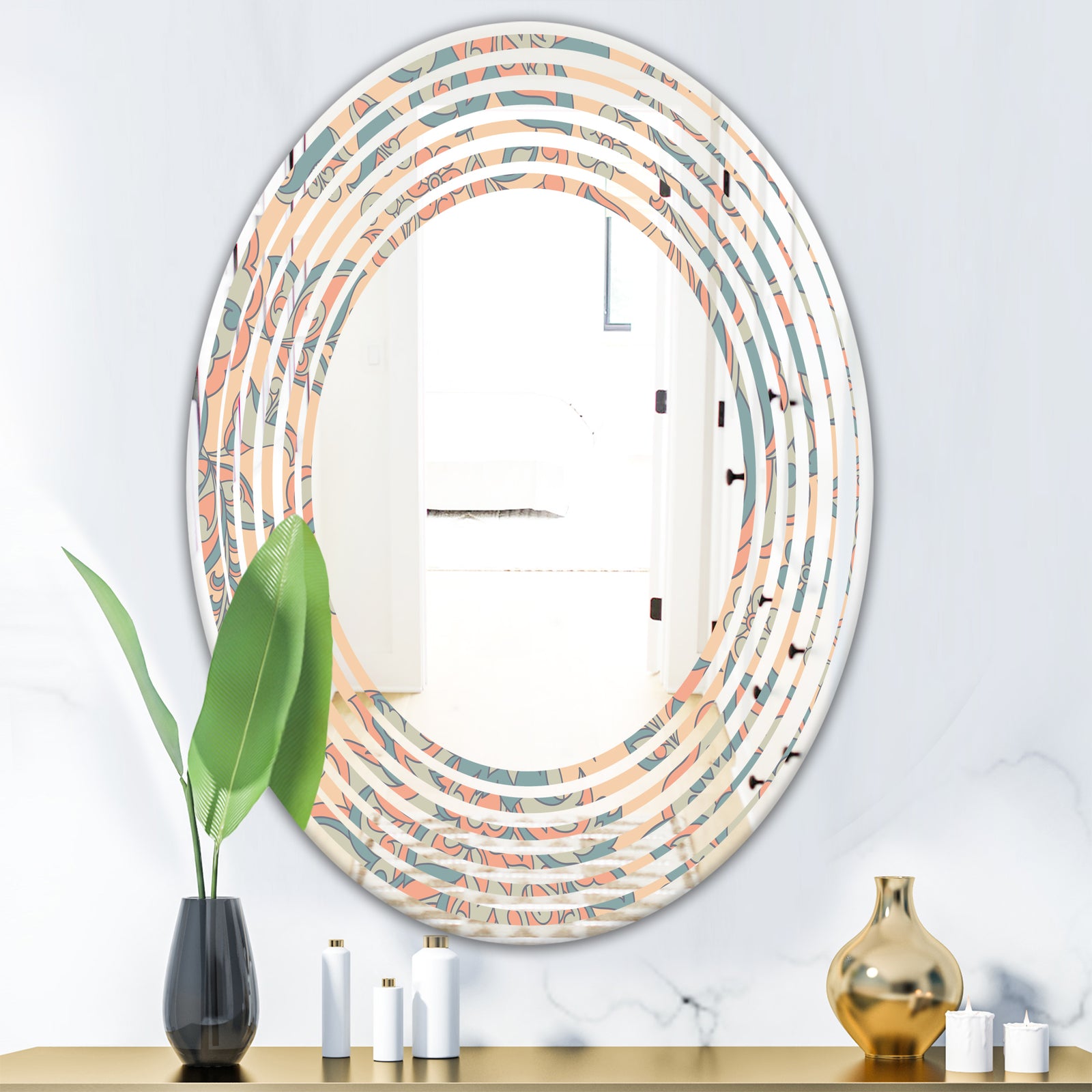 Retro Indian Floral Batik II - Modern Round or Oval Wall Mirror - Wave