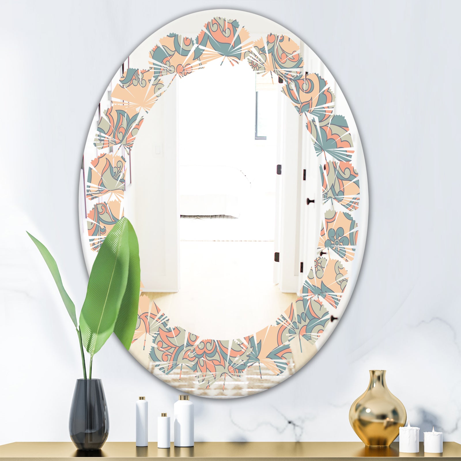 Retro Indian Floral Batik II - Modern Round or Oval Wall Mirror - Leaves