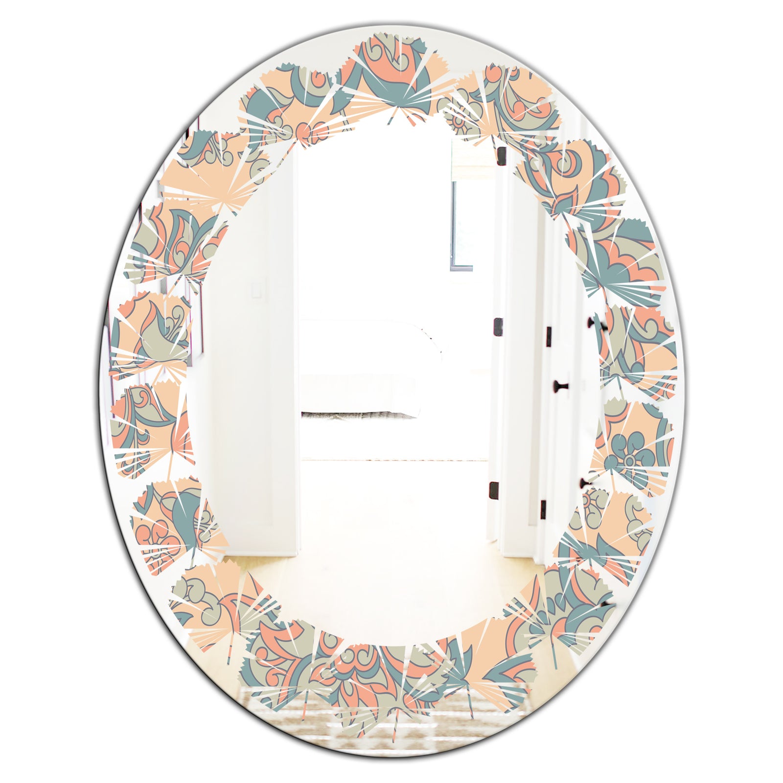 Retro Indian Floral Batik II - Modern Round or Oval Wall Mirror - Leaves