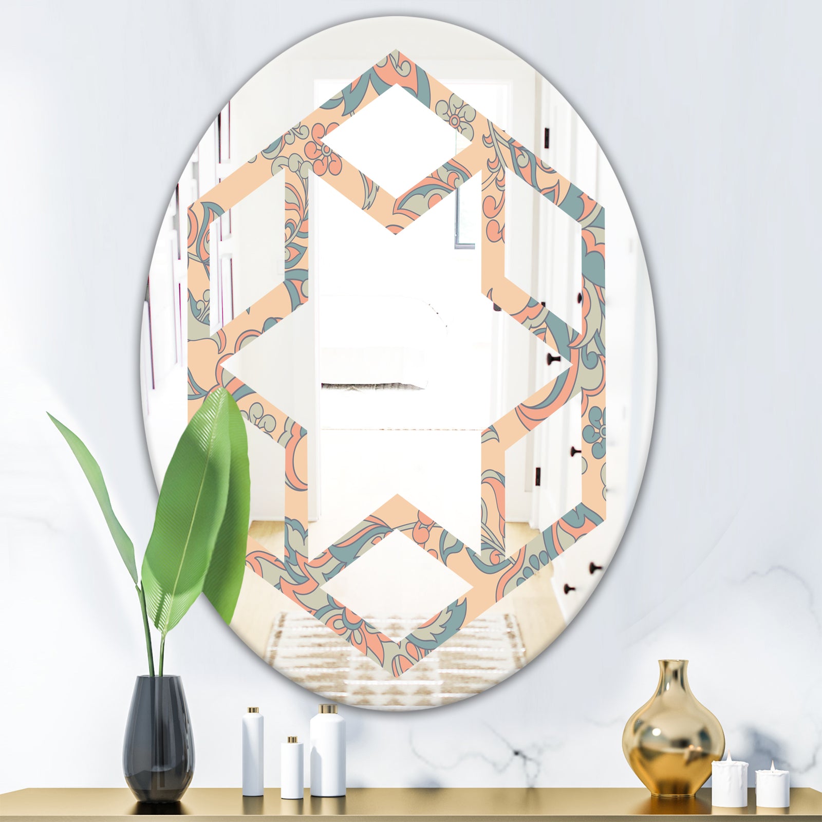 Retro Indian Floral Batik II - Modern Round or Oval Wall Mirror - Hexagon Star