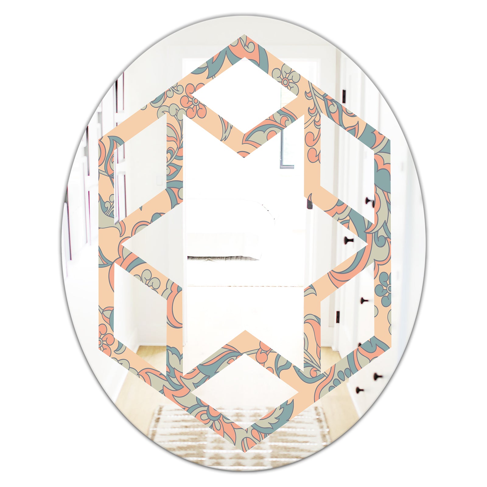 Retro Indian Floral Batik II - Modern Round or Oval Wall Mirror - Hexagon Star
