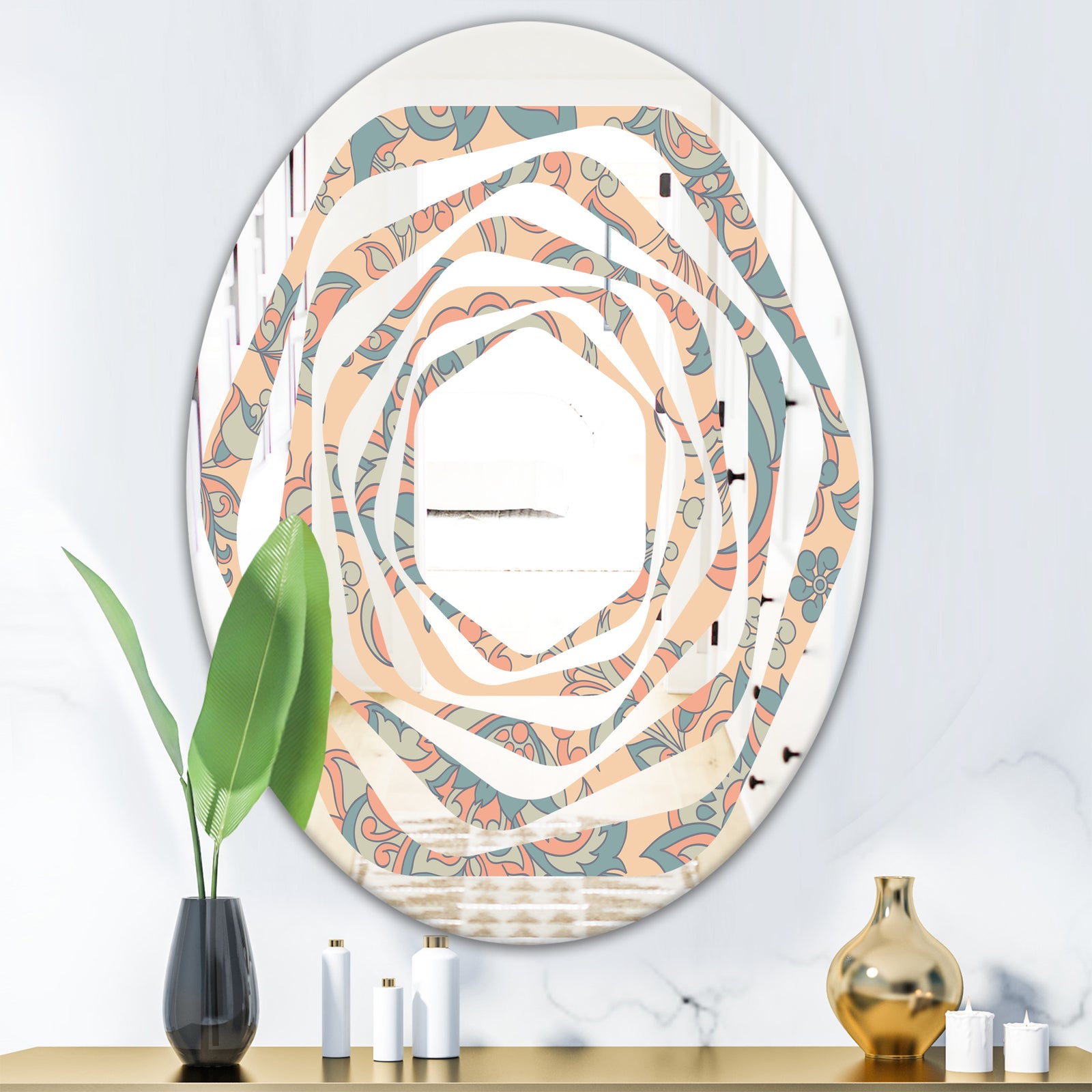 Retro Indian Floral Batik II - Modern Round or Oval Wall Mirror - Whirl