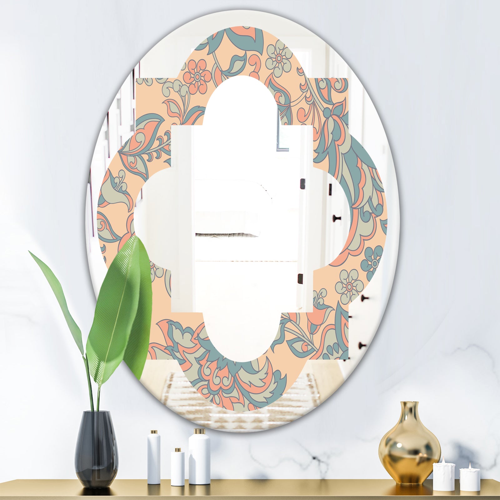 Retro Indian Floral Batik II - Modern Round or Oval Wall Mirror - Quatrefoil