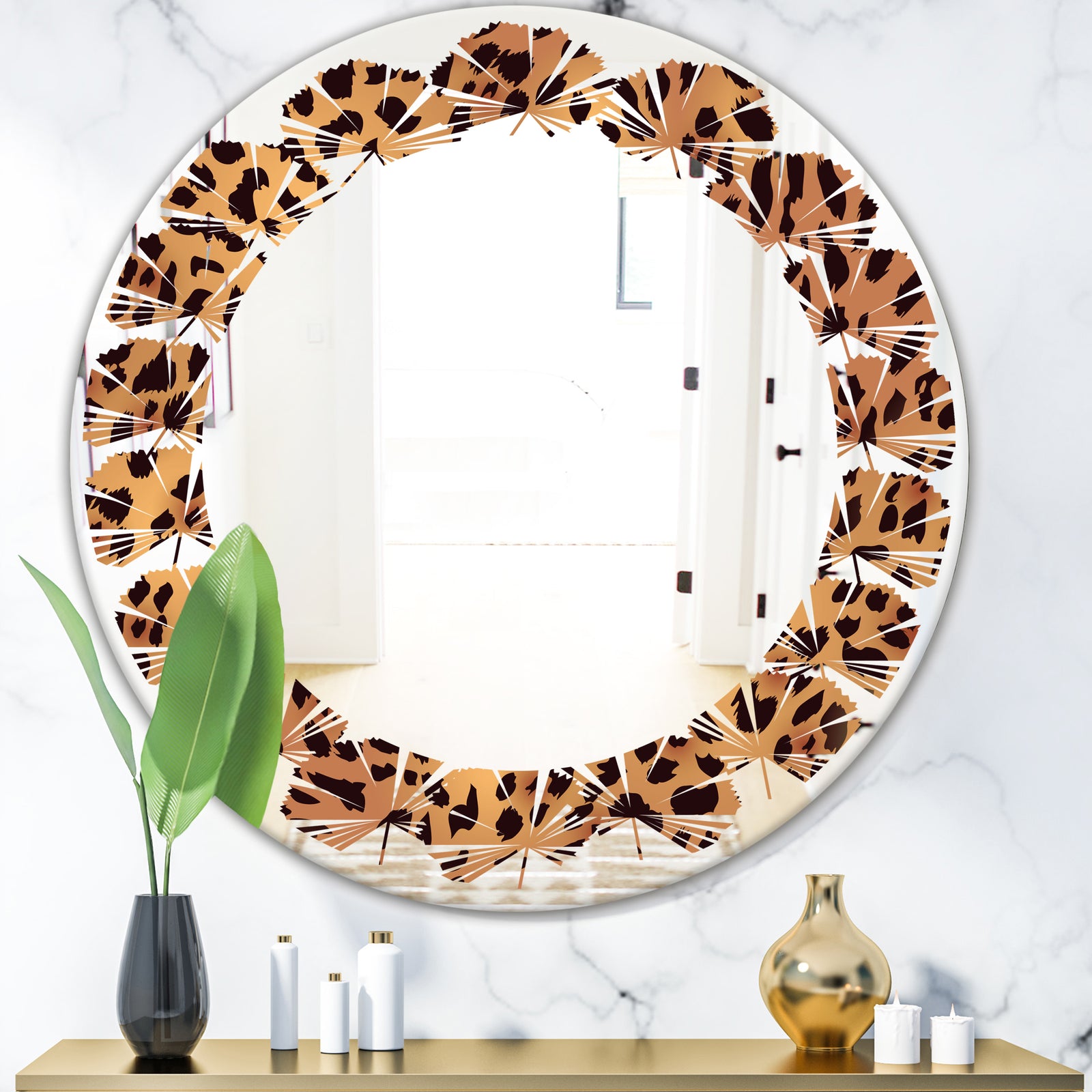 Leopard Fur Safari III - Modern Round or Oval Wall Mirror - Leaves