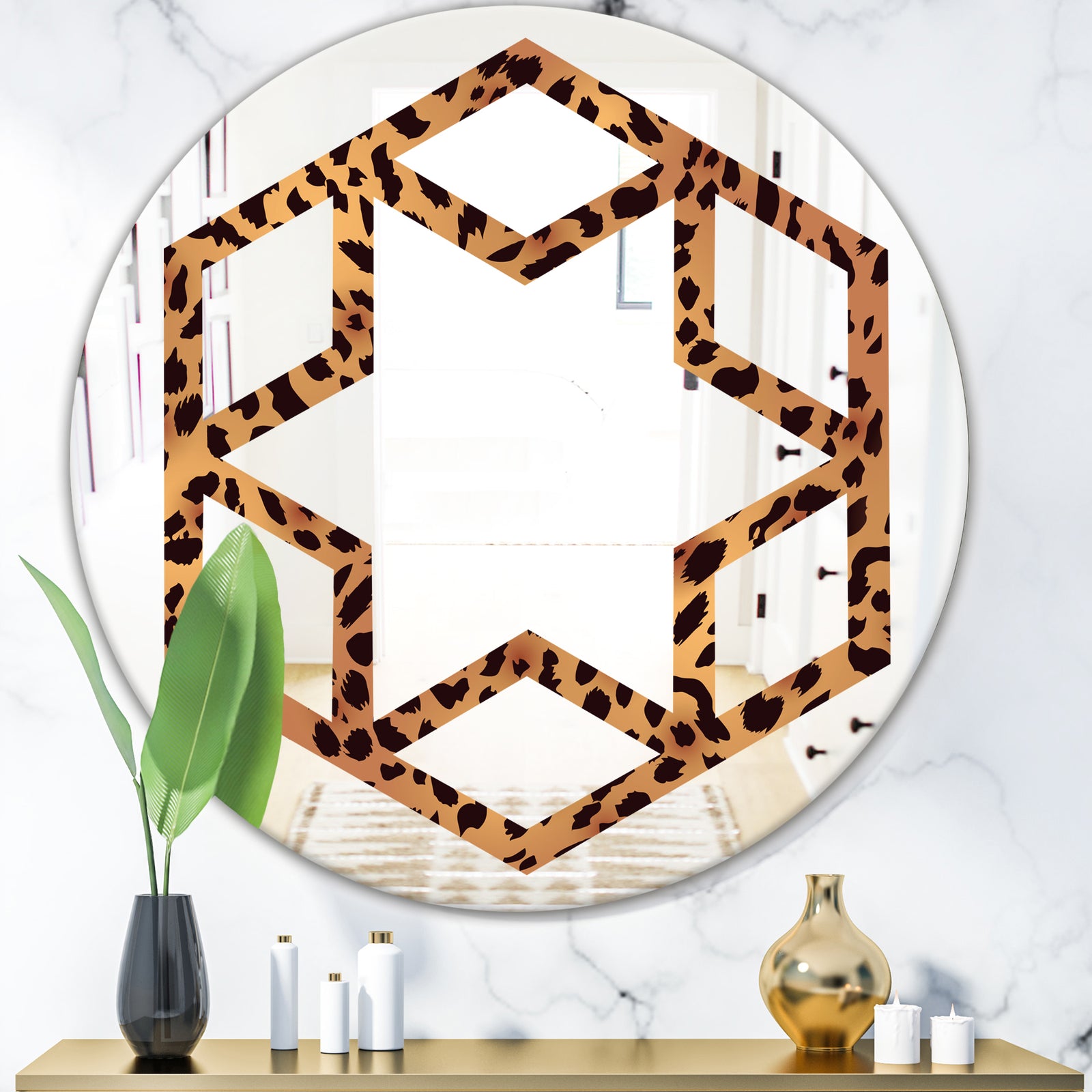 Leopard Fur Safari III - Modern Round or Oval Wall Mirror - Hexagon Star