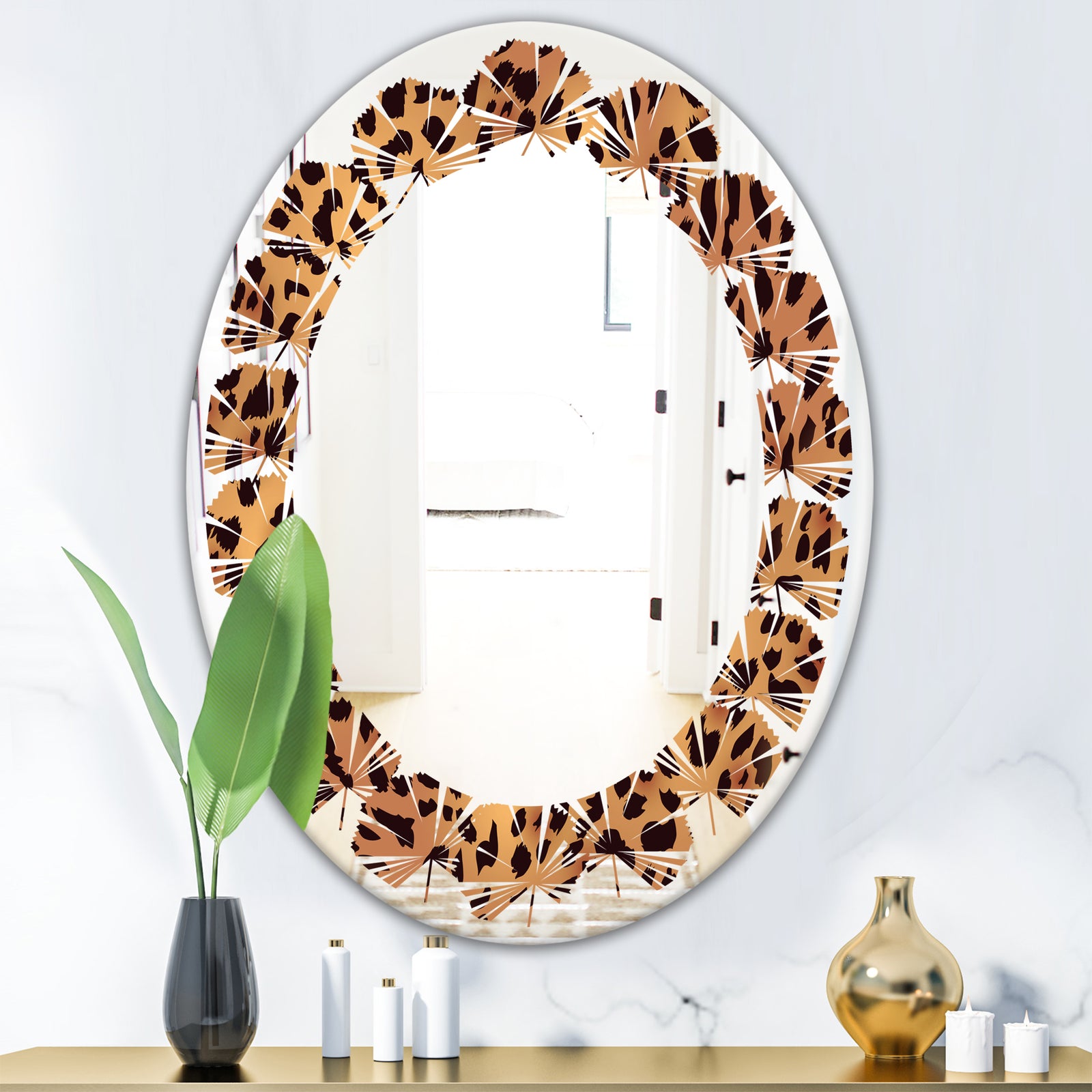 Leopard Fur Safari III - Modern Round or Oval Wall Mirror - Leaves