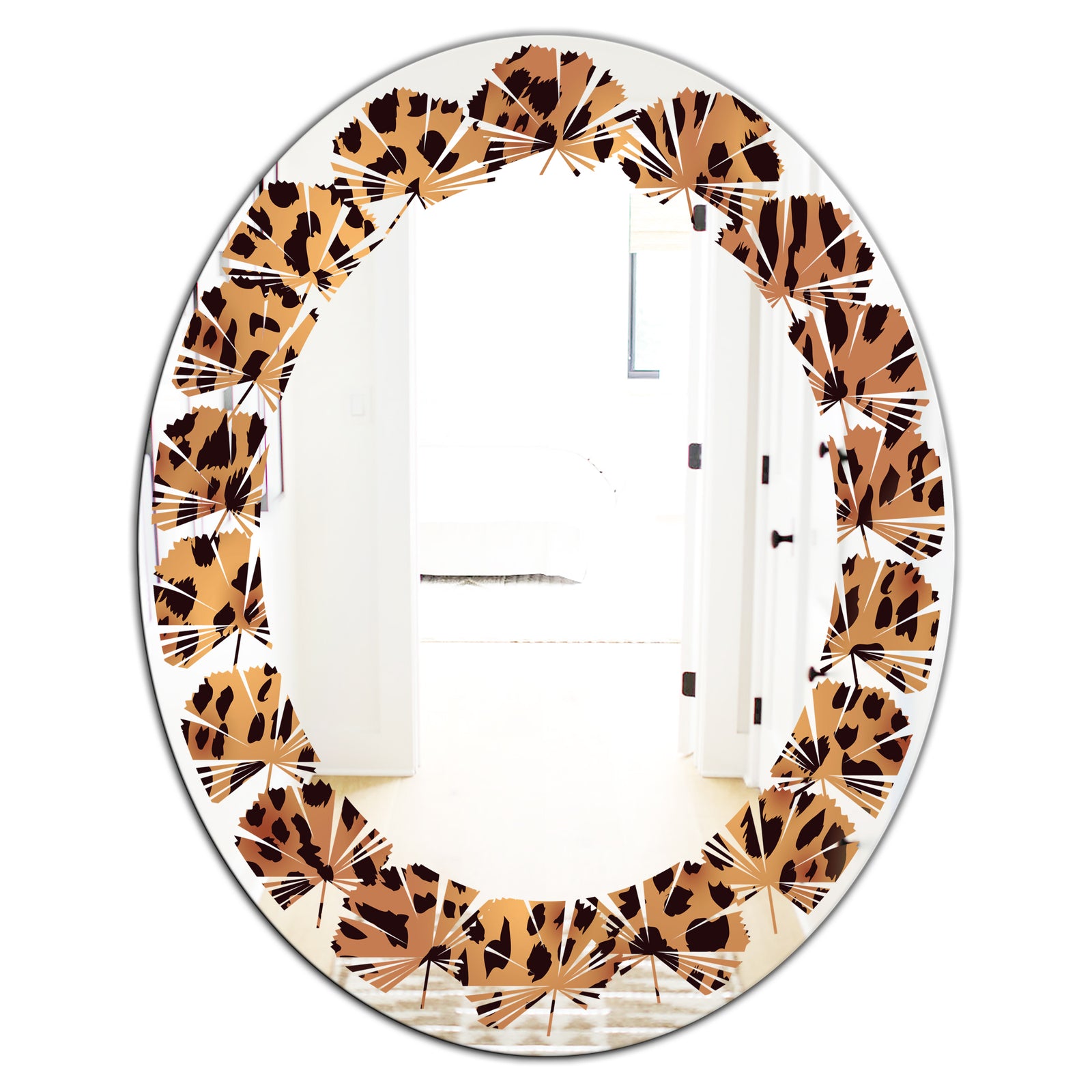 Leopard Fur Safari III - Modern Round or Oval Wall Mirror - Leaves