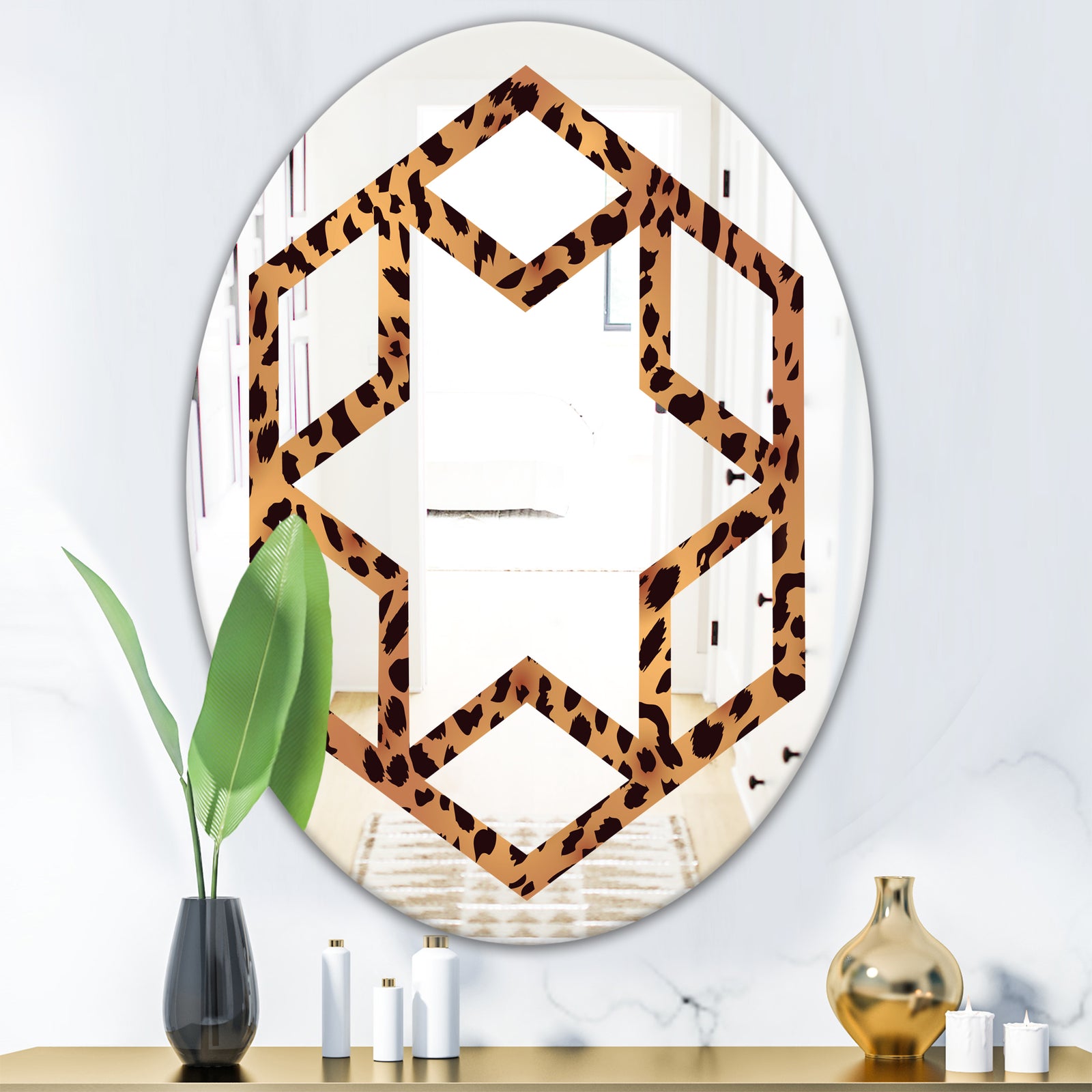 Leopard Fur Safari III - Modern Round or Oval Wall Mirror - Hexagon Star