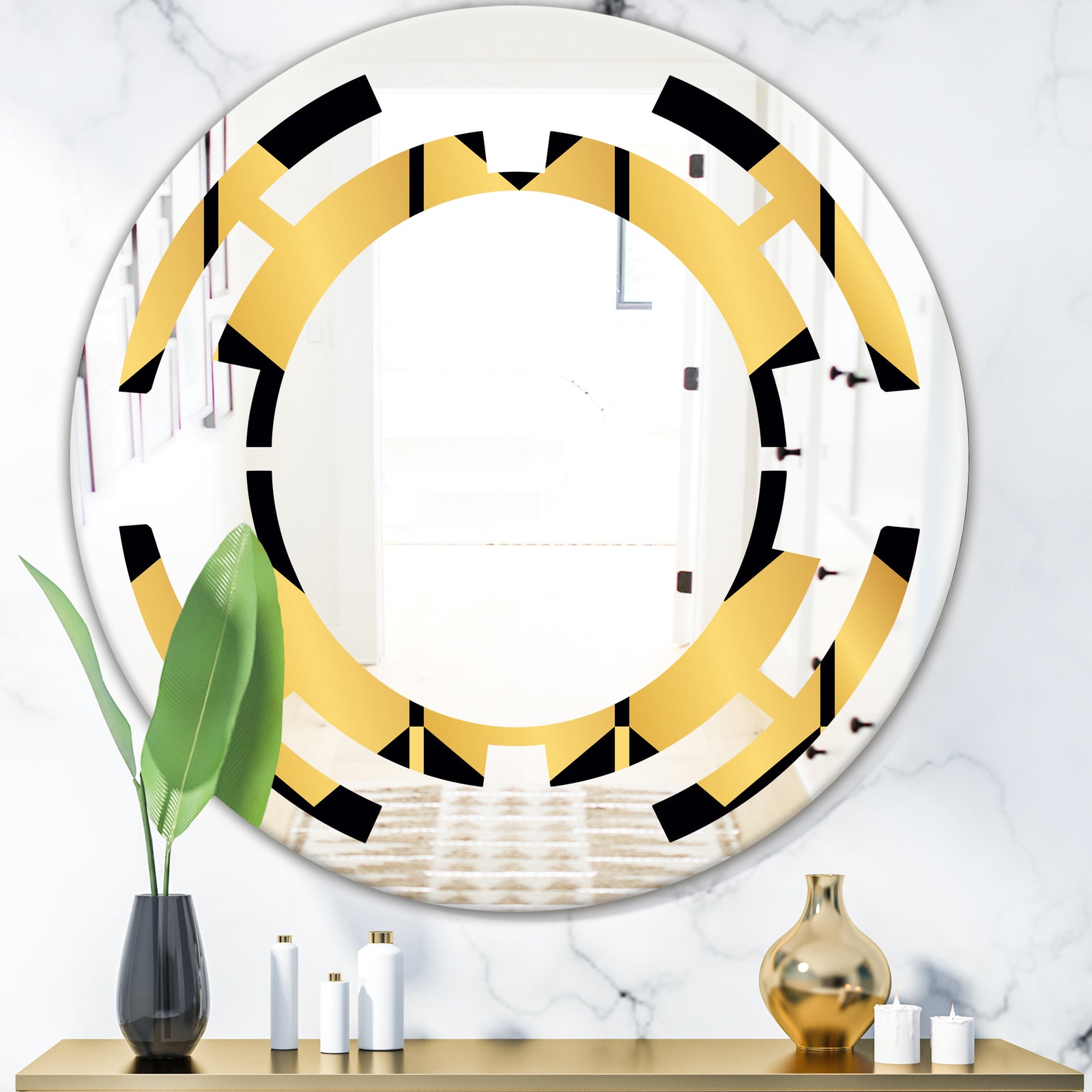 Golden Luxury Metallic Geometrics V - Modern Round or Oval Wall Mirror - Space