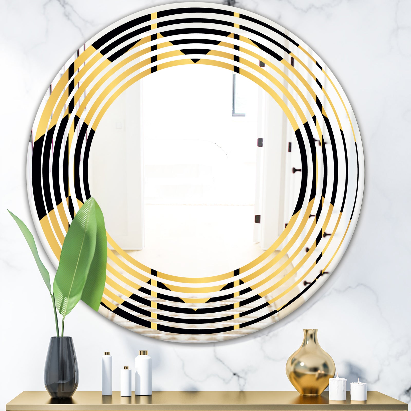 Golden Luxury Metallic Geometrics V - Modern Round or Oval Wall Mirror - Wave