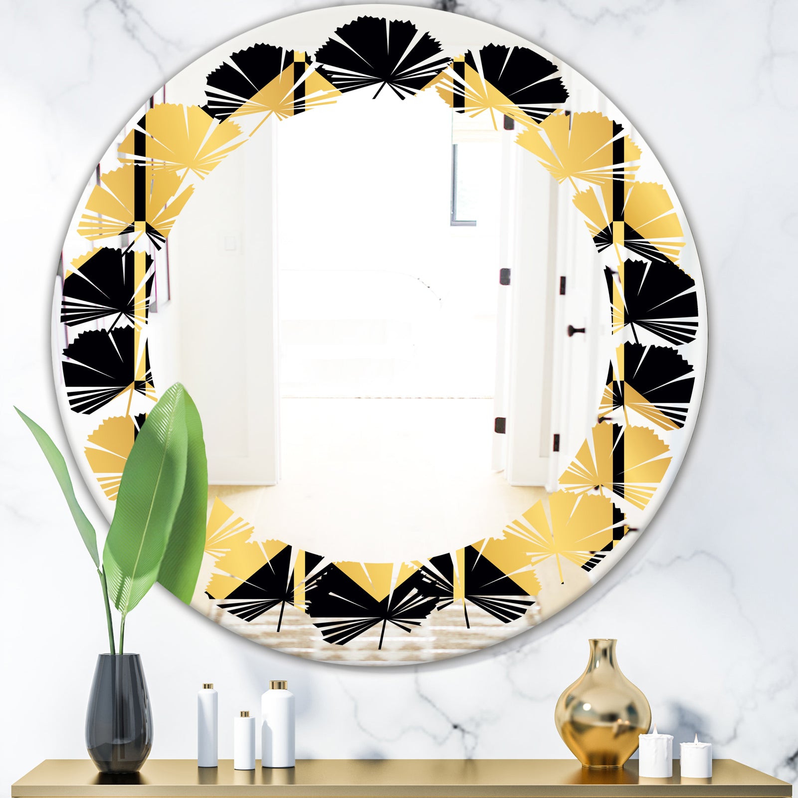 Golden Luxury Metallic Geometrics V - Modern Round or Oval Wall Mirror - Leaves