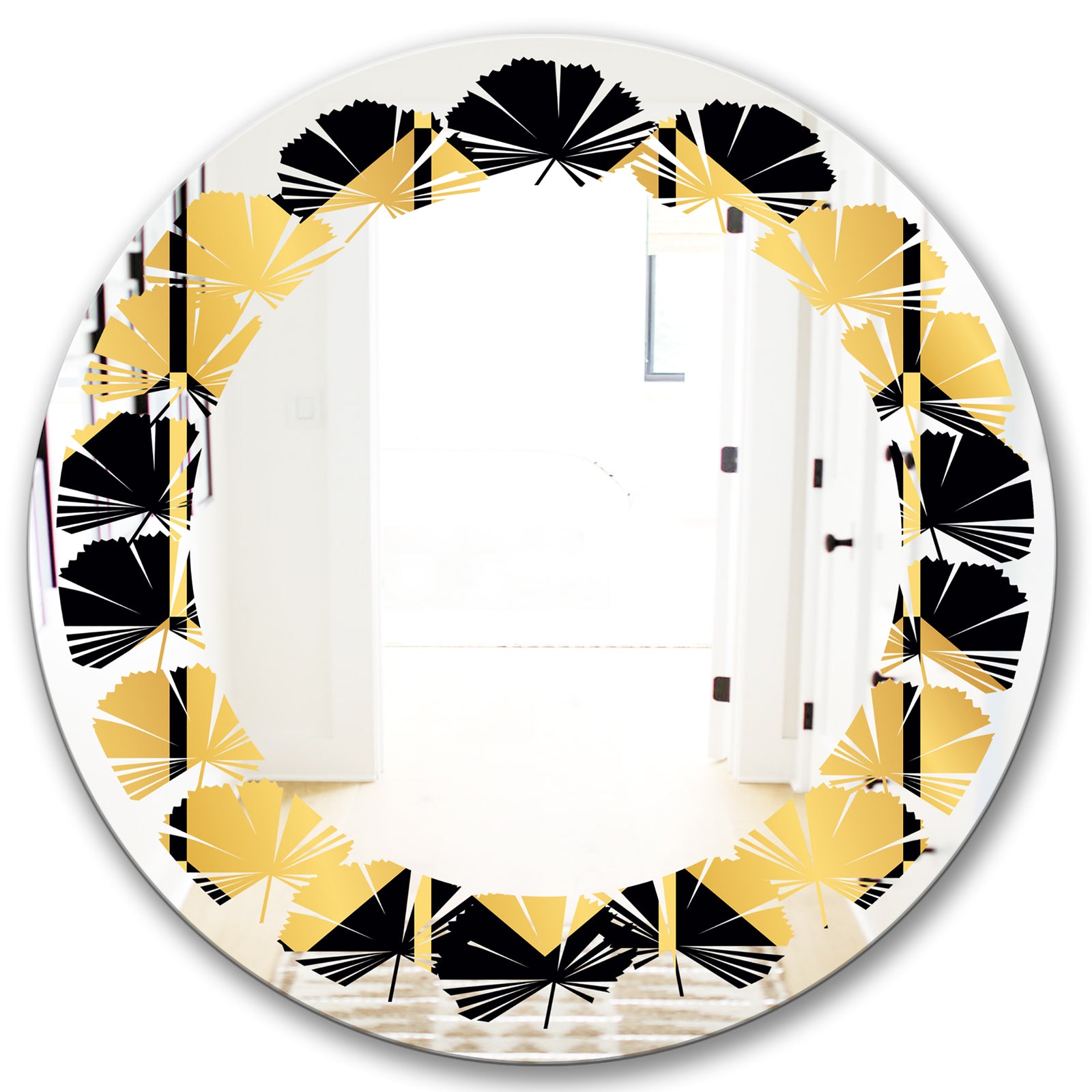 Golden Luxury Metallic Geometrics V - Modern Round or Oval Wall Mirror - Leaves