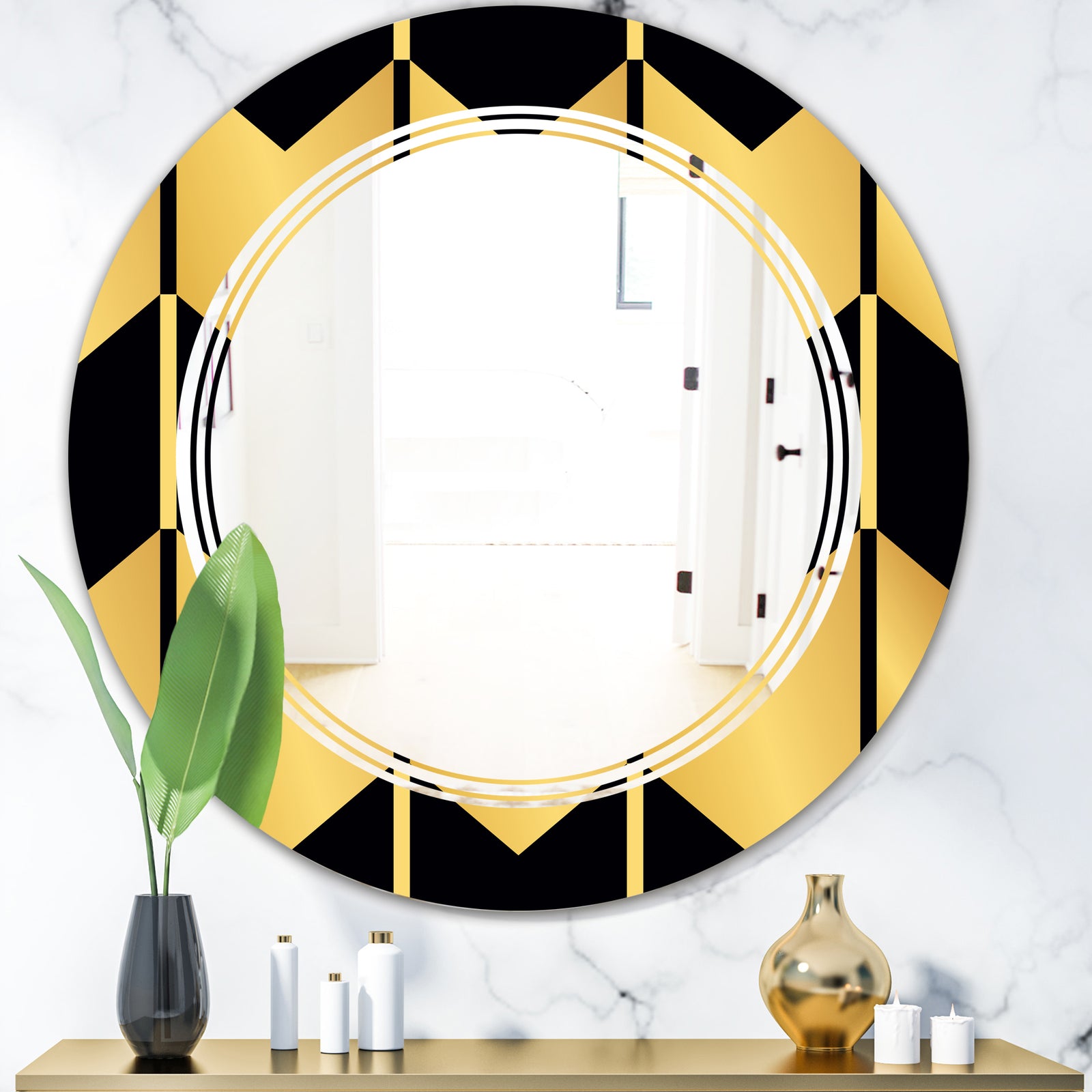 Golden Luxury Metallic Geometrics V - Modern Round or Oval Wall Mirror - Triple C