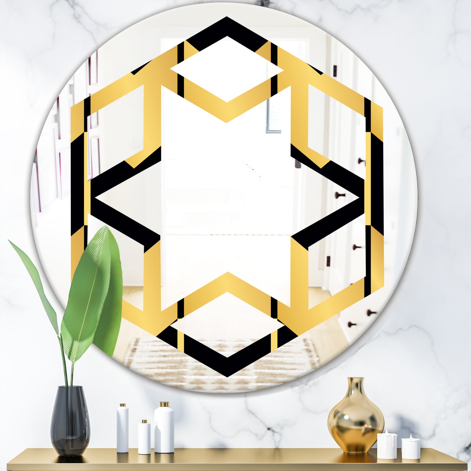 Golden Luxury Metallic Geometrics V - Modern Round or Oval Wall Mirror - Hexagon Star
