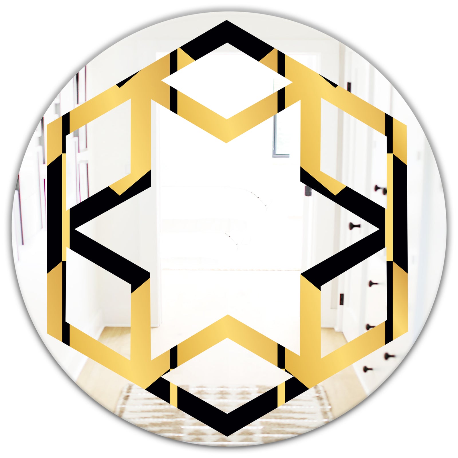 Golden Luxury Metallic Geometrics V - Modern Round or Oval Wall Mirror - Hexagon Star