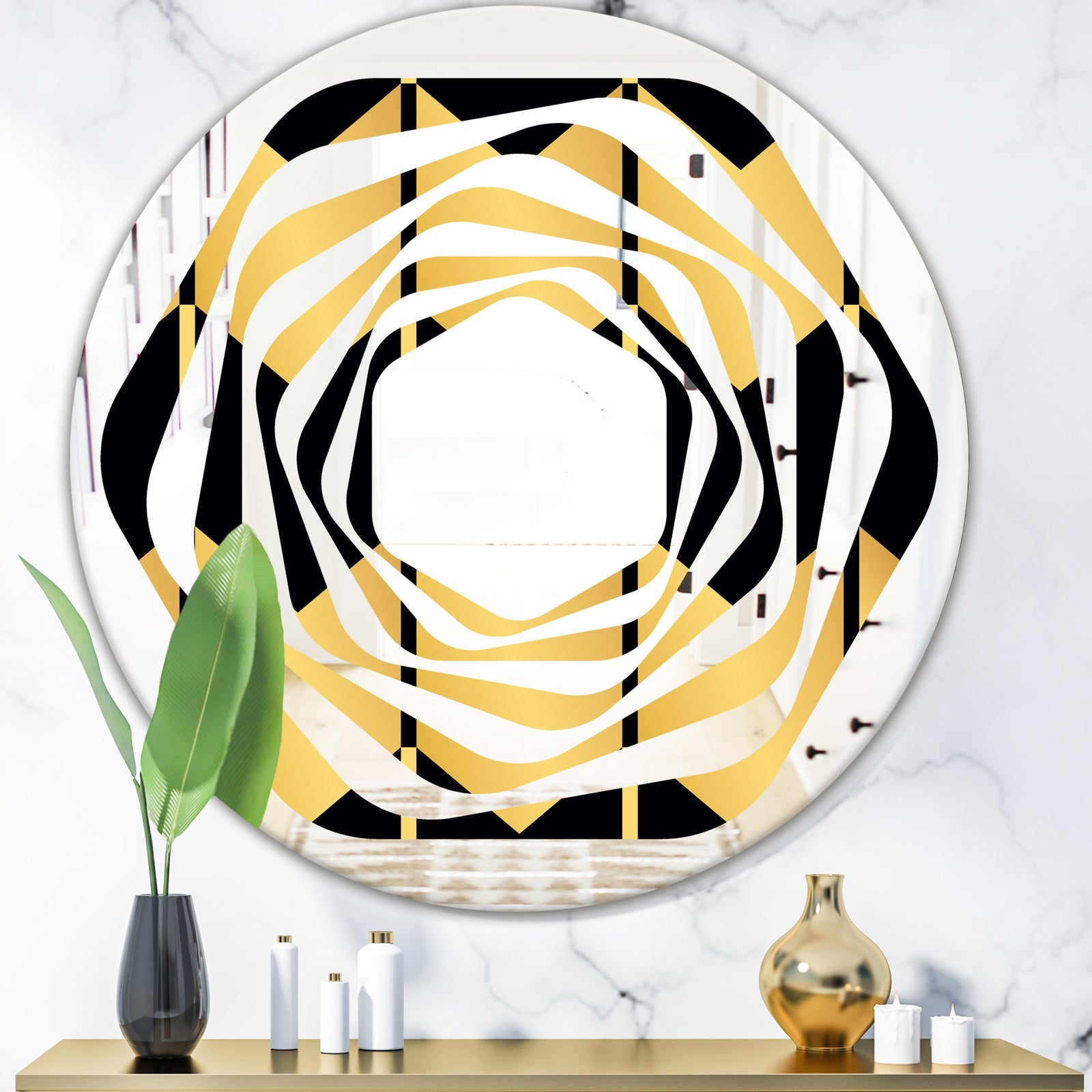 Golden Luxury Metallic Geometrics V - Modern Round or Oval Wall Mirror - Whirl