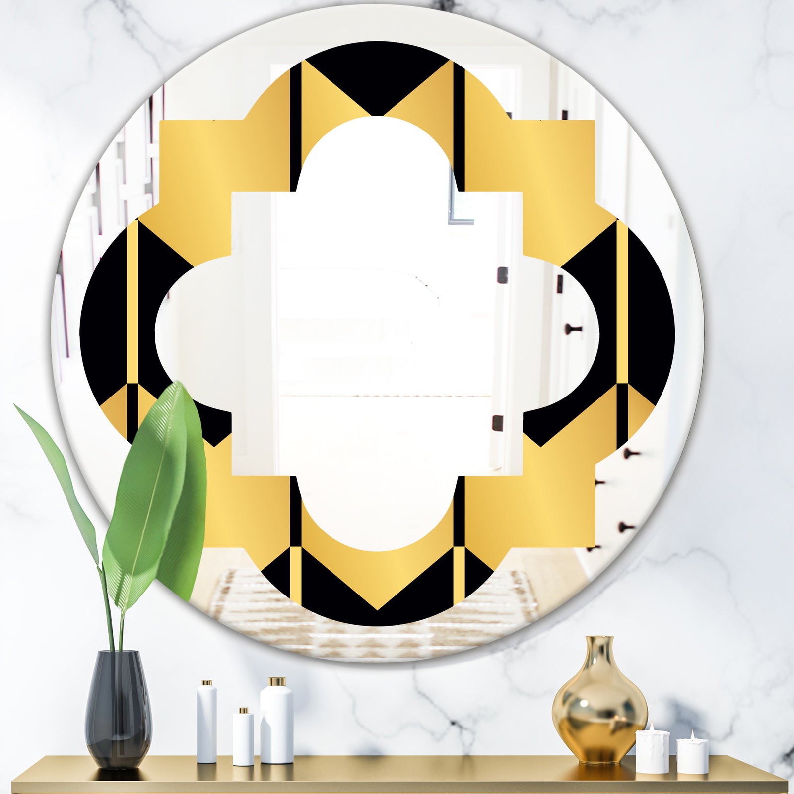 Golden Luxury Metallic Geometrics V - Modern Round or Oval Wall Mirror - Quatrefoil