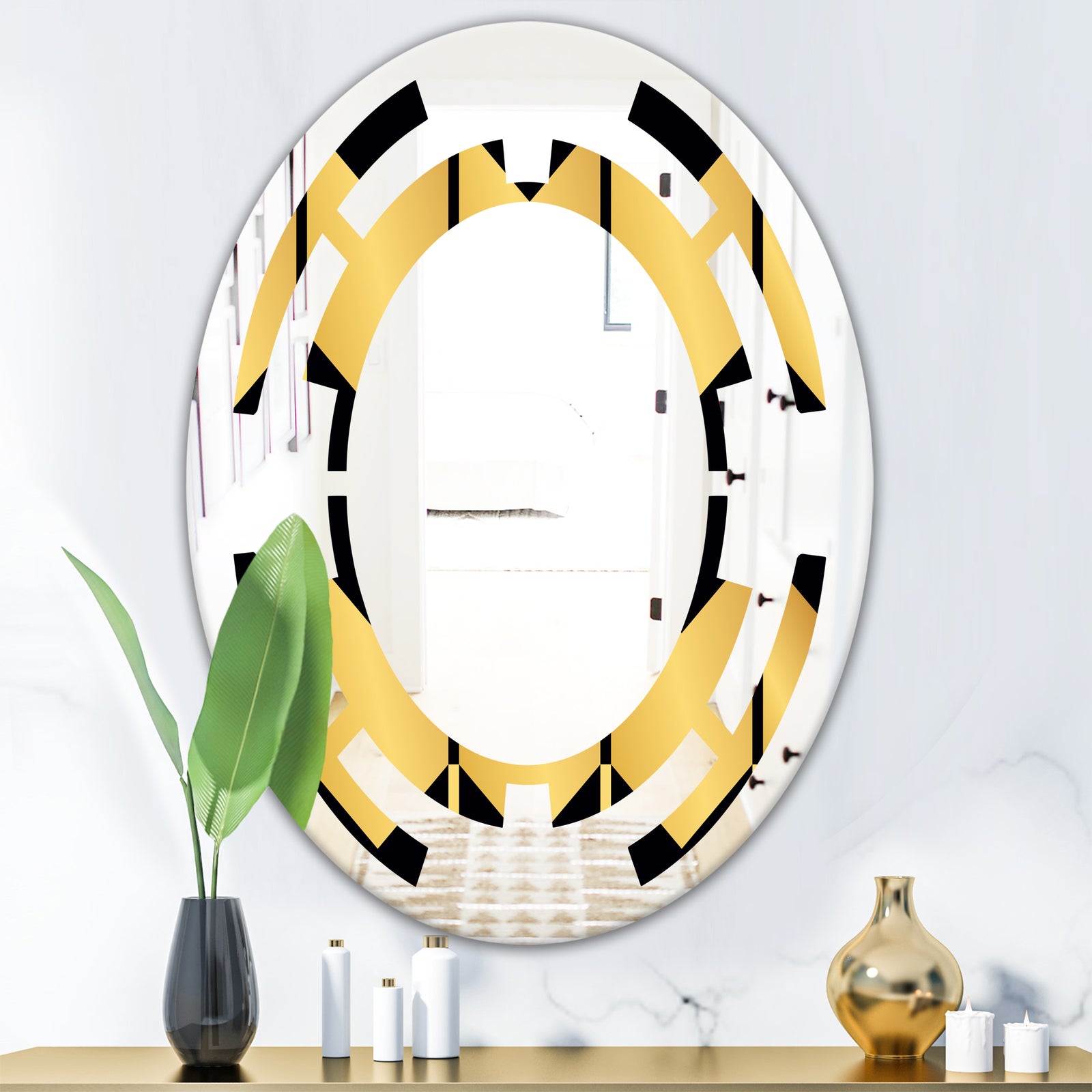Golden Luxury Metallic Geometrics V - Modern Round or Oval Wall Mirror - Space