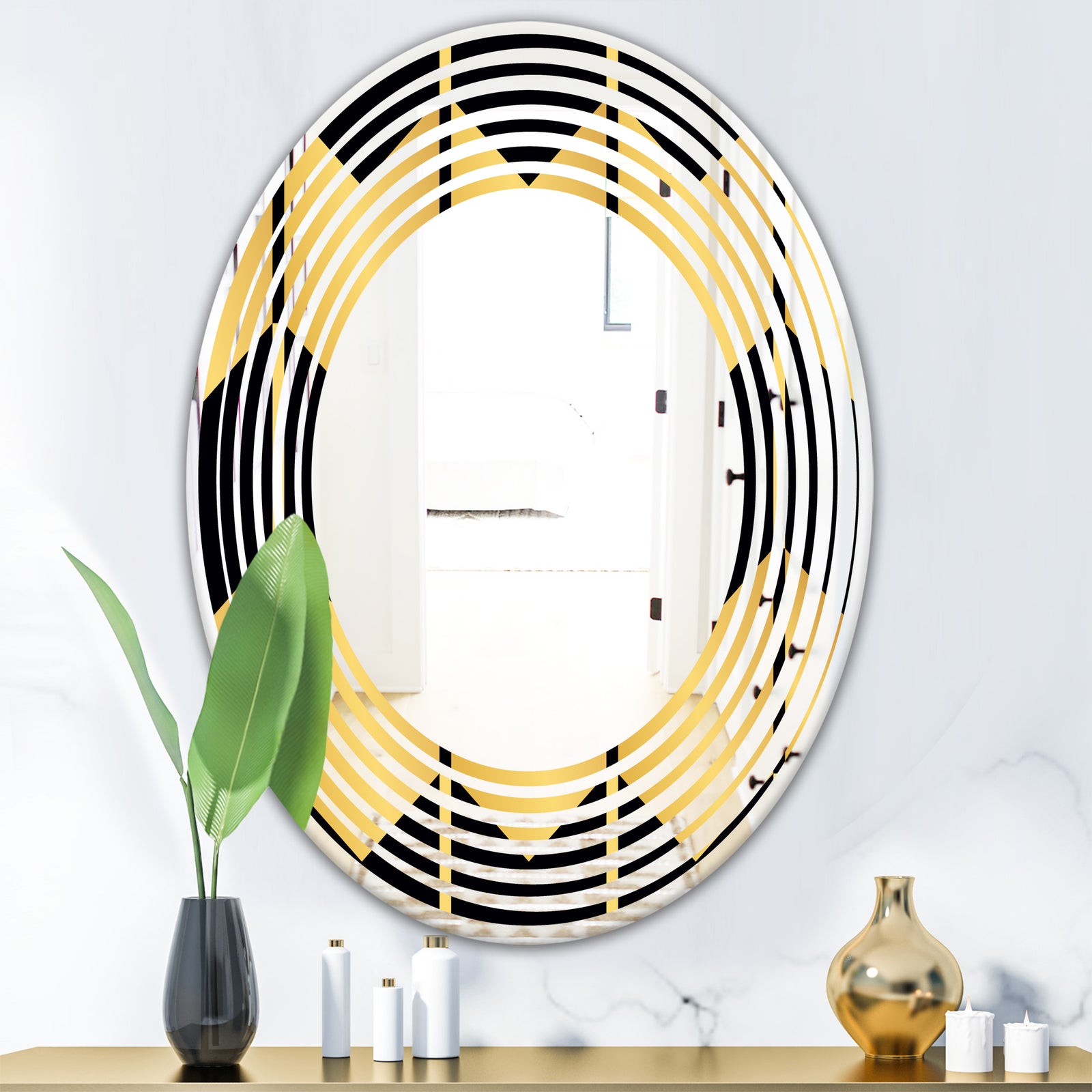 Golden Luxury Metallic Geometrics V - Modern Round or Oval Wall Mirror - Wave