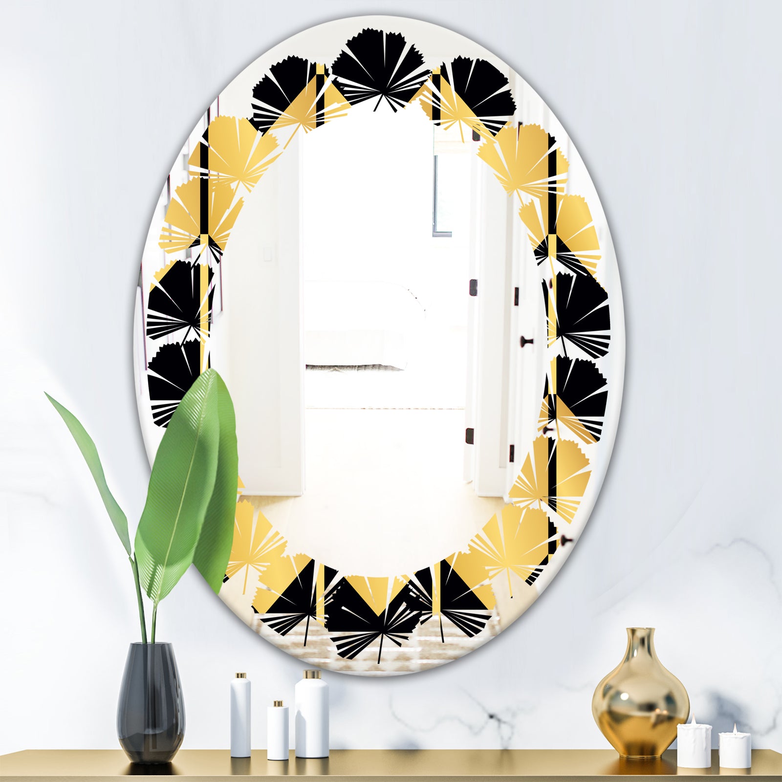 Golden Luxury Metallic Geometrics V - Modern Round or Oval Wall Mirror - Leaves