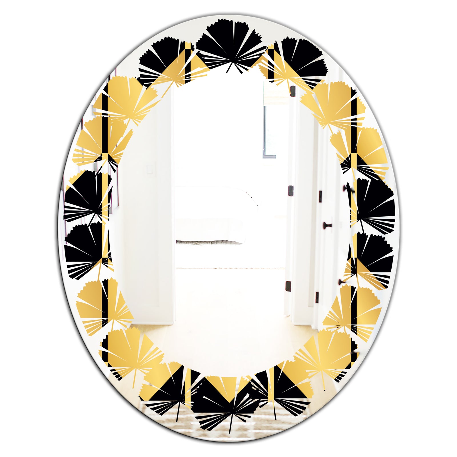 Golden Luxury Metallic Geometrics V - Modern Round or Oval Wall Mirror - Leaves