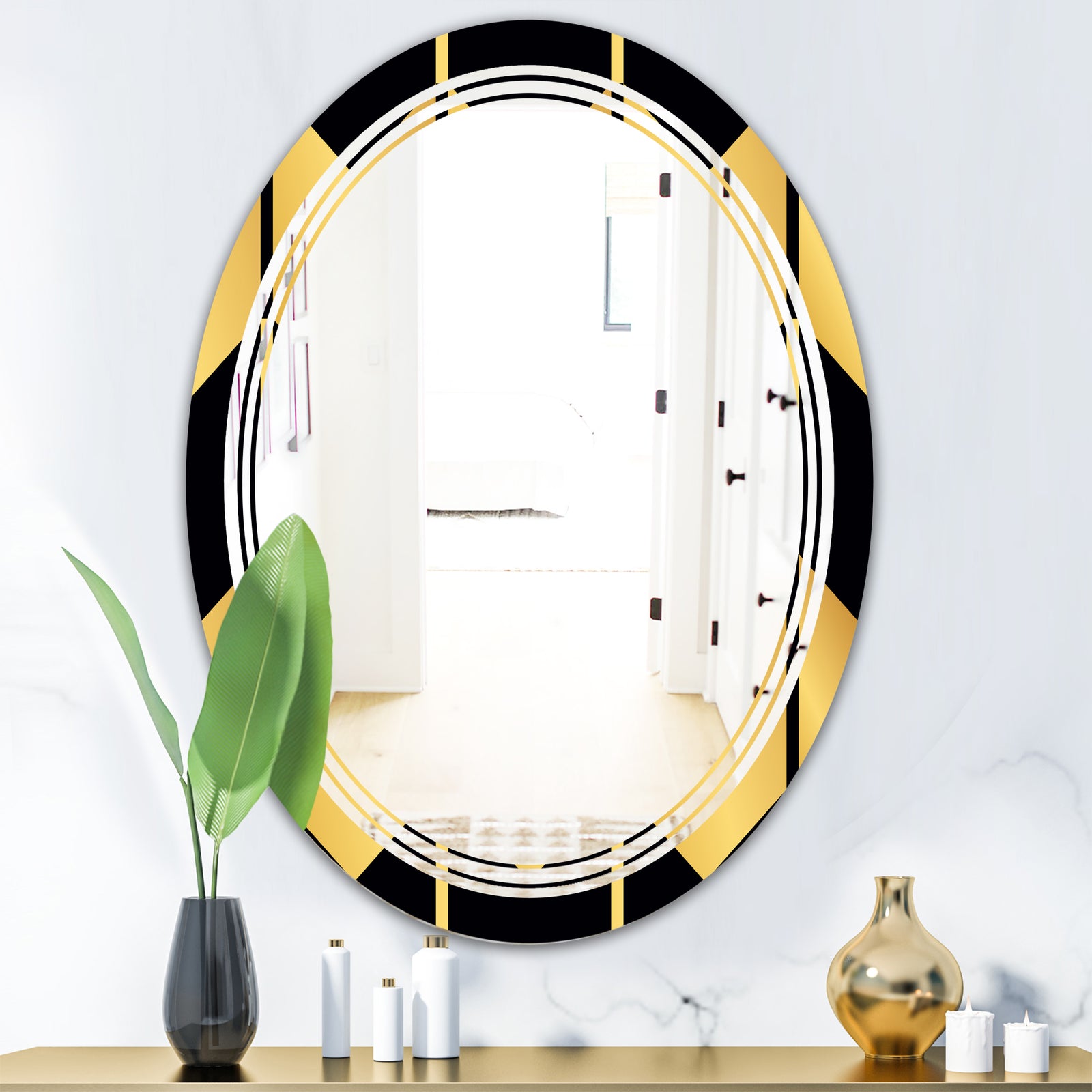 Golden Luxury Metallic Geometrics V - Modern Round or Oval Wall Mirror - Triple C