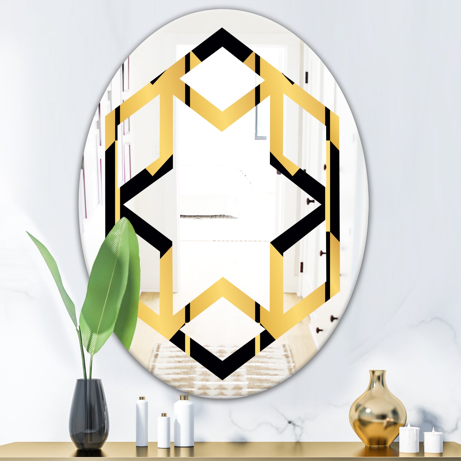 Golden Luxury Metallic Geometrics V - Modern Round or Oval Wall Mirror - Hexagon Star