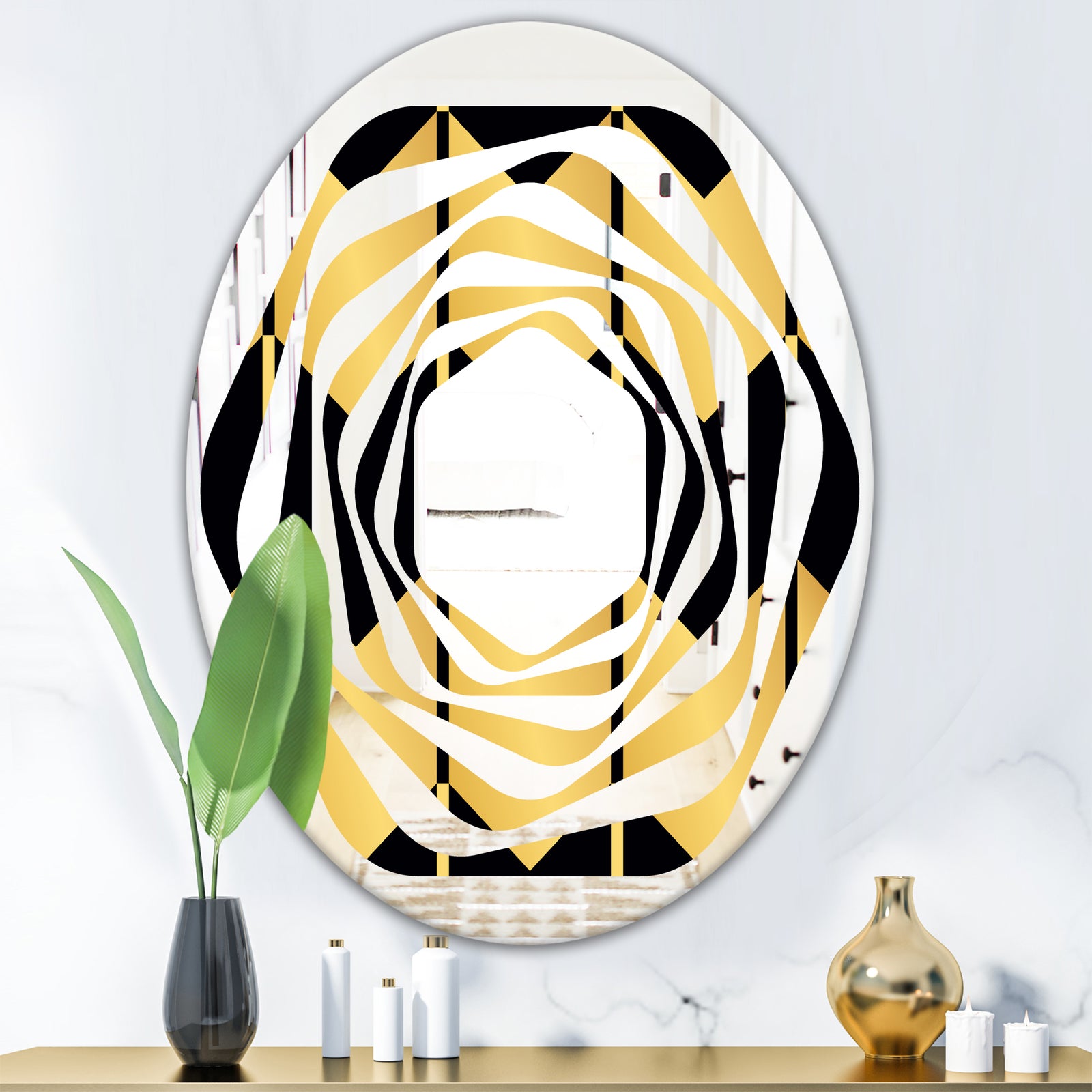 Golden Luxury Metallic Geometrics V - Modern Round or Oval Wall Mirror - Whirl