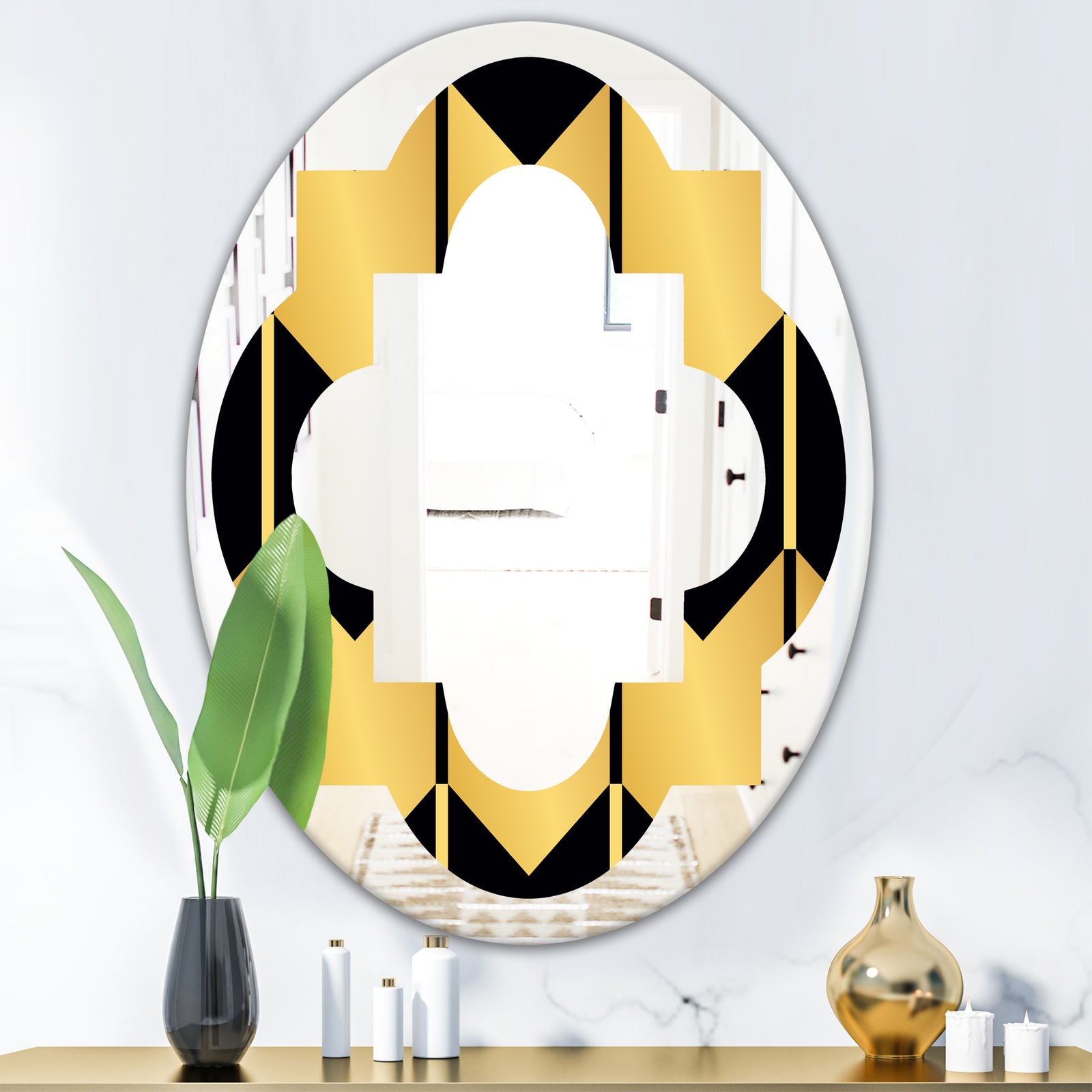 Golden Luxury Metallic Geometrics V - Modern Round or Oval Wall Mirror - Quatrefoil