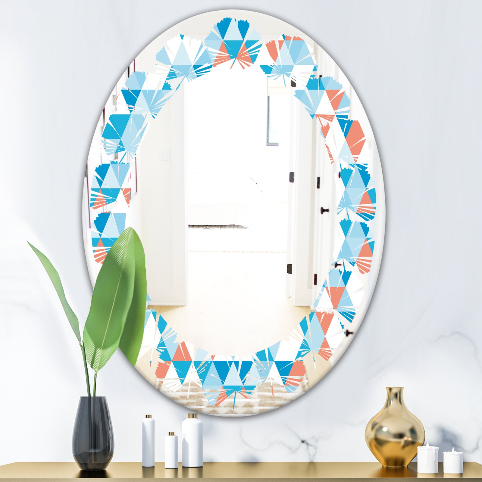 Triangular Retro Design II - Modern Round or Oval Wall Mirror - Leaves