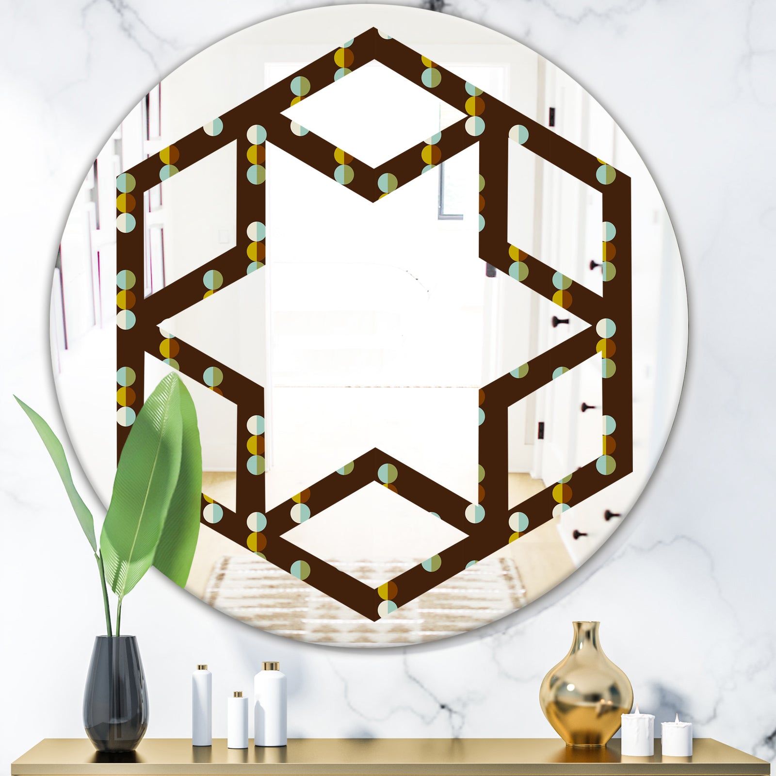 Geometric Mod Dots - Modern Round or Oval Wall Mirror - Hexagon Star