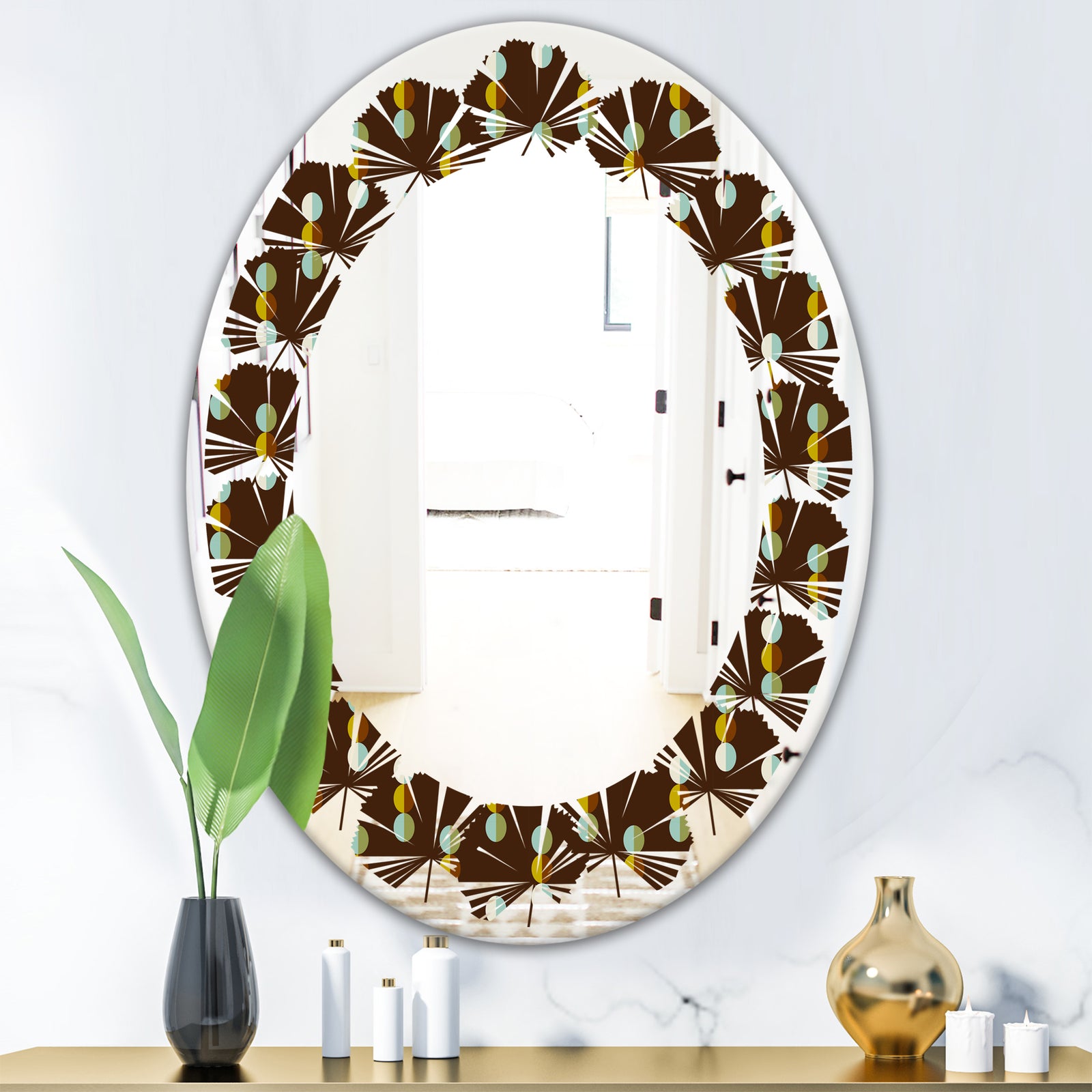 Geometric Mod Dots - Modern Round or Oval Wall Mirror - Leaves