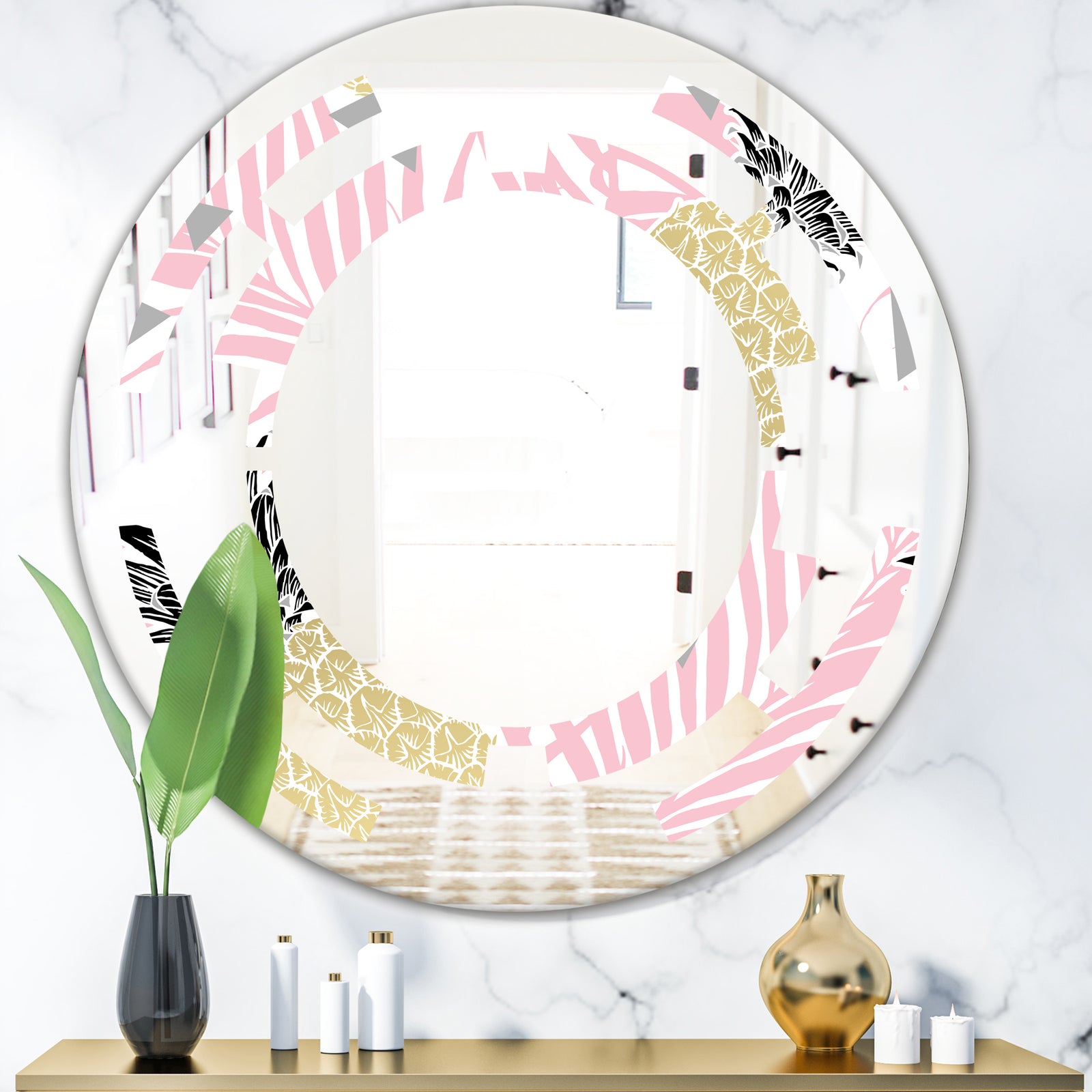 Golden Pineapple Pink Leaves - Modern Round or Oval Wall Mirror - Space