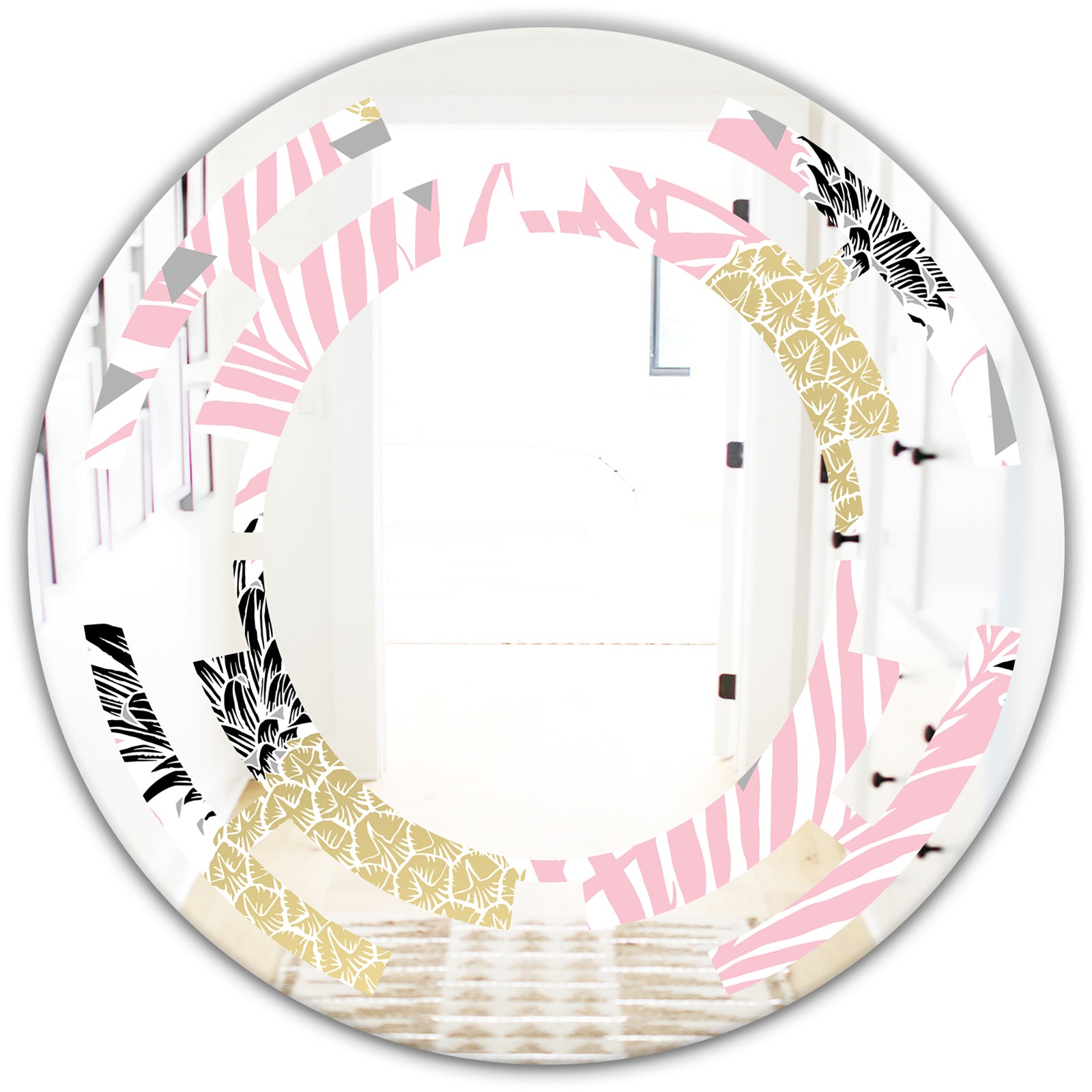 Golden Pineapple Pink Leaves - Modern Round or Oval Wall Mirror - Space