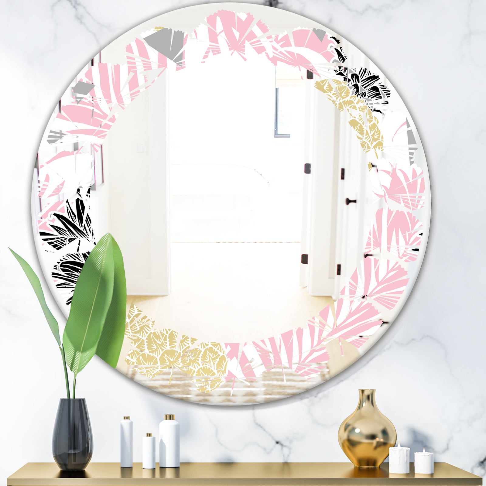 Golden Pineapple Pink Leaves - Modern Round or Oval Wall Mirror - Leaves