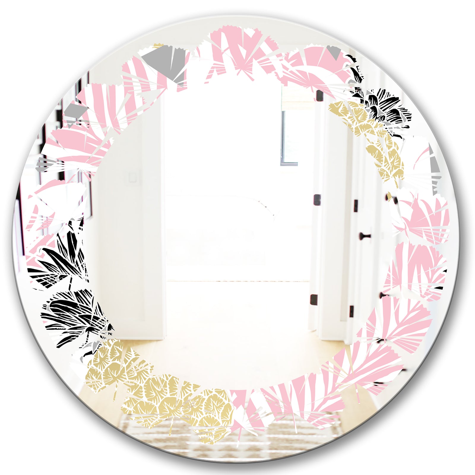 Golden Pineapple Pink Leaves - Modern Round or Oval Wall Mirror - Leaves