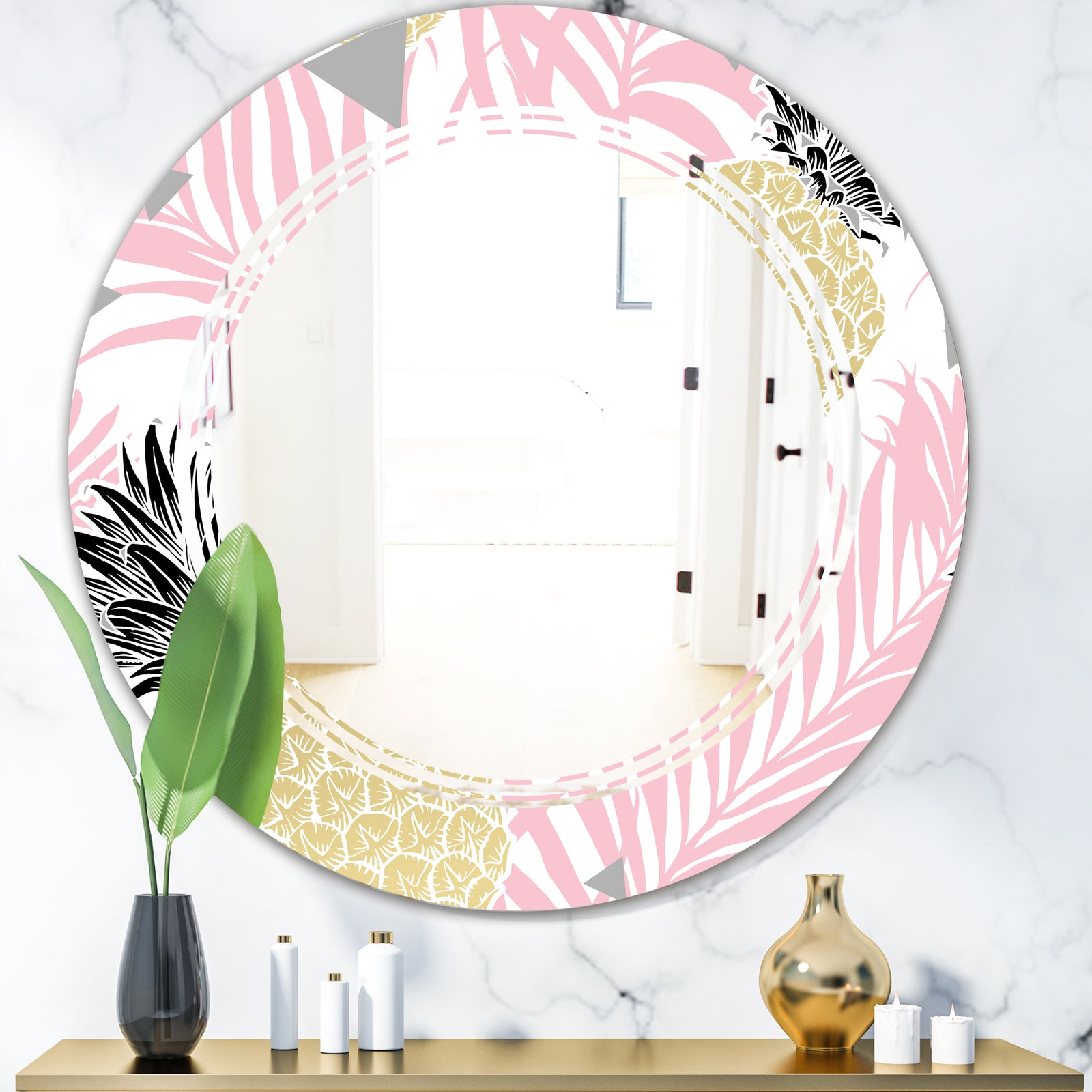 Golden Pineapple Pink Leaves - Modern Round or Oval Wall Mirror - Triple C