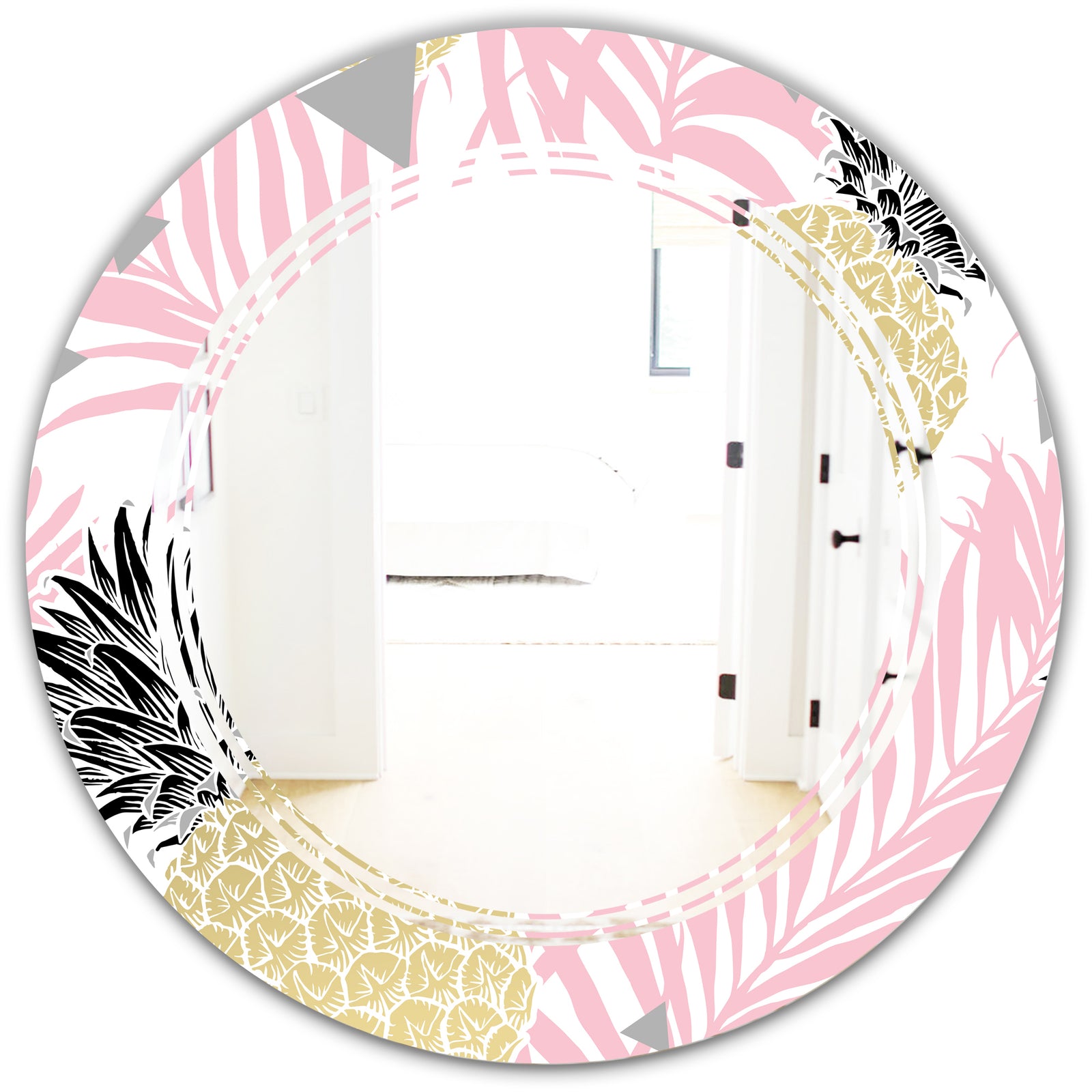 Golden Pineapple Pink Leaves - Modern Round or Oval Wall Mirror - Triple C