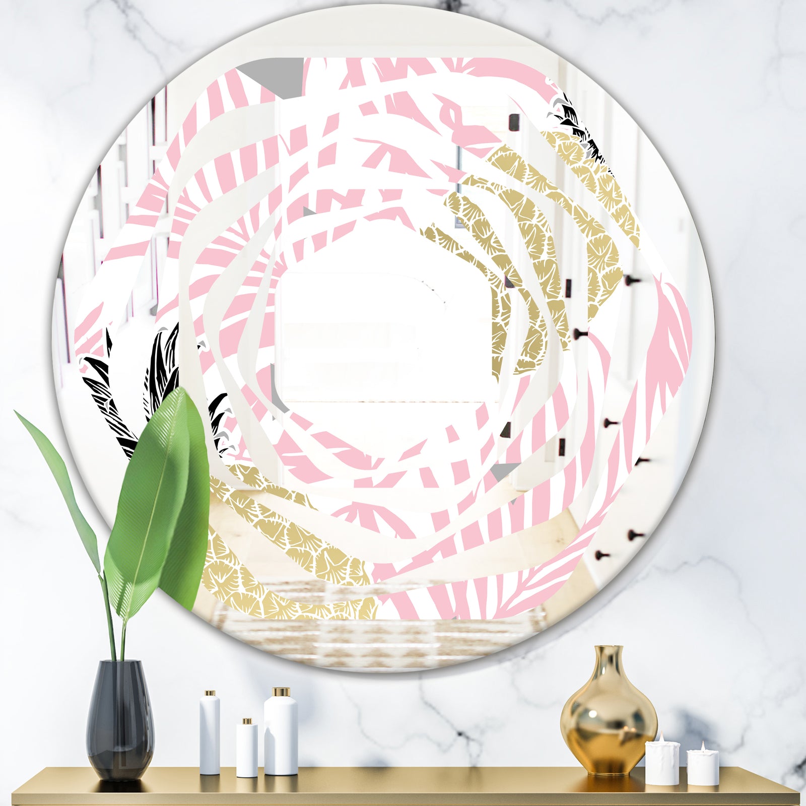 Golden Pineapple Pink Leaves - Modern Round or Oval Wall Mirror - Whirl