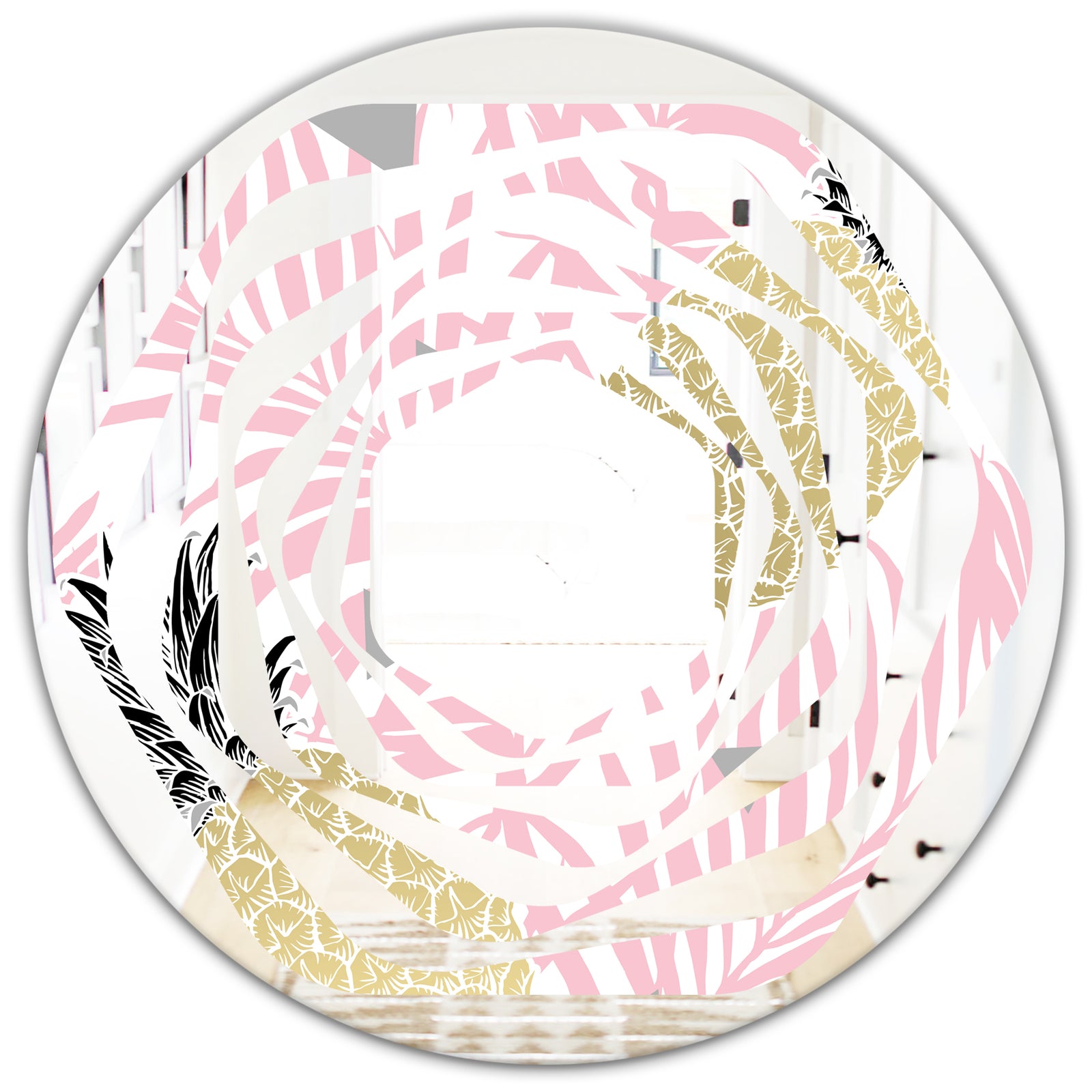 Golden Pineapple Pink Leaves - Modern Round or Oval Wall Mirror - Whirl