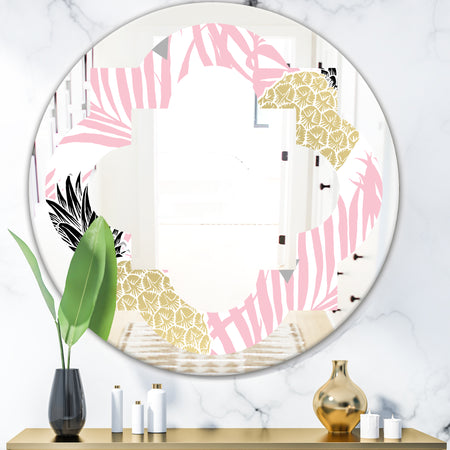 Golden Pineapple Pink Leaves - Modern Round or Oval Wall Mirror - Quatrefoil
