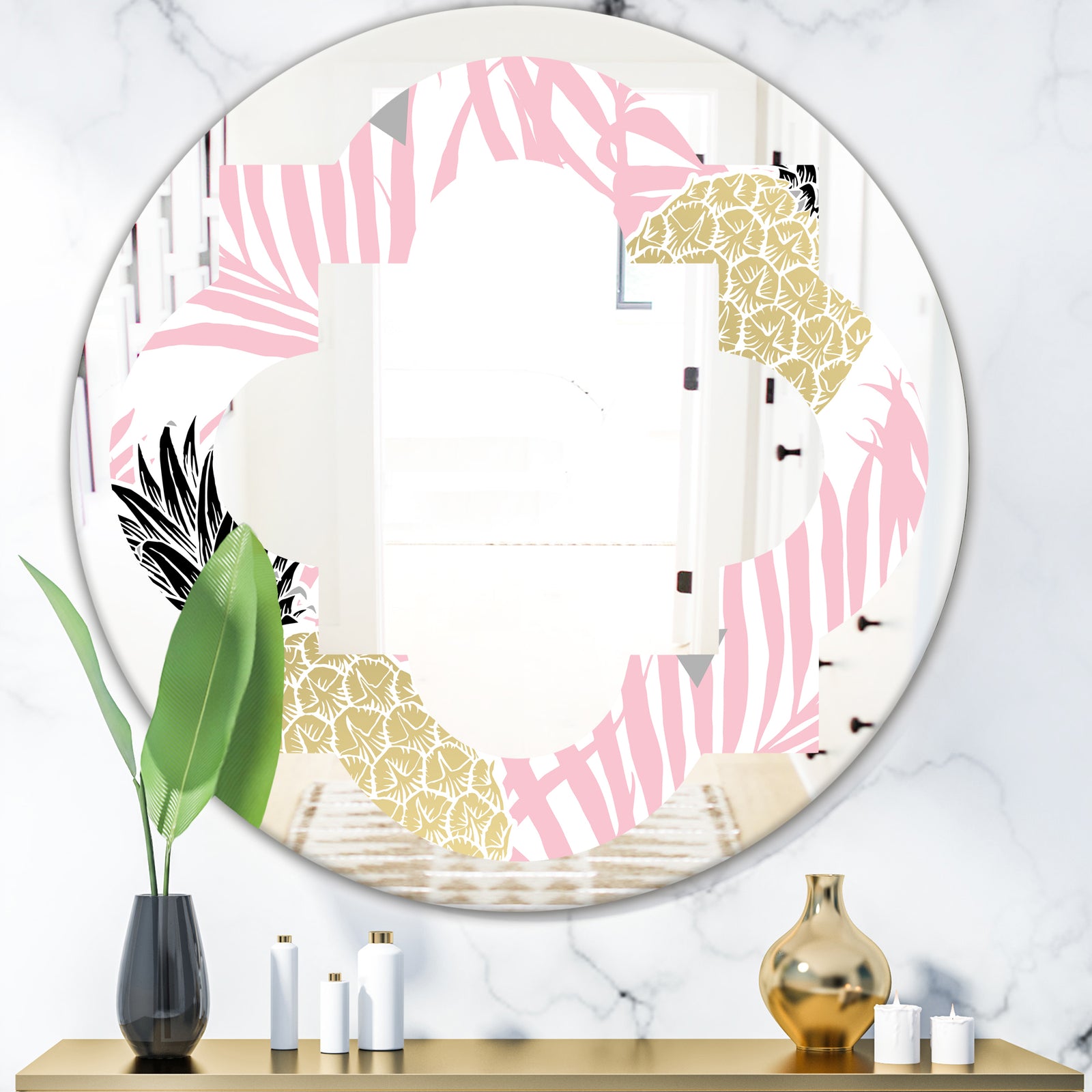 Golden Pineapple Pink Leaves - Modern Round or Oval Wall Mirror - Quatrefoil
