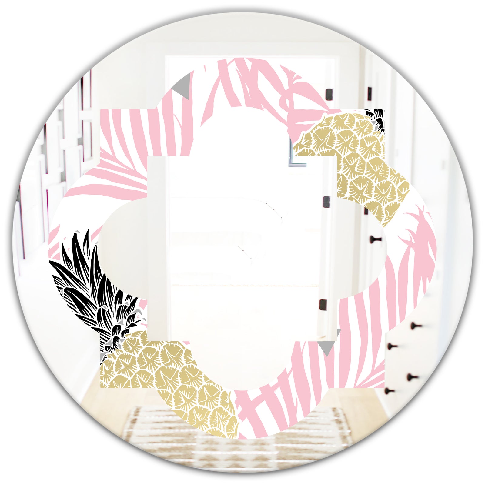 Golden Pineapple Pink Leaves - Modern Round or Oval Wall Mirror - Quatrefoil